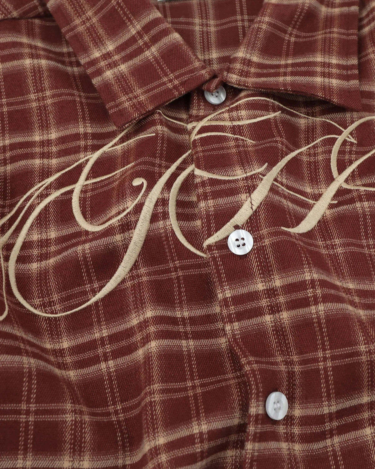 Omygoods Script Embroidered Plaid Long-Sleeve Shirt