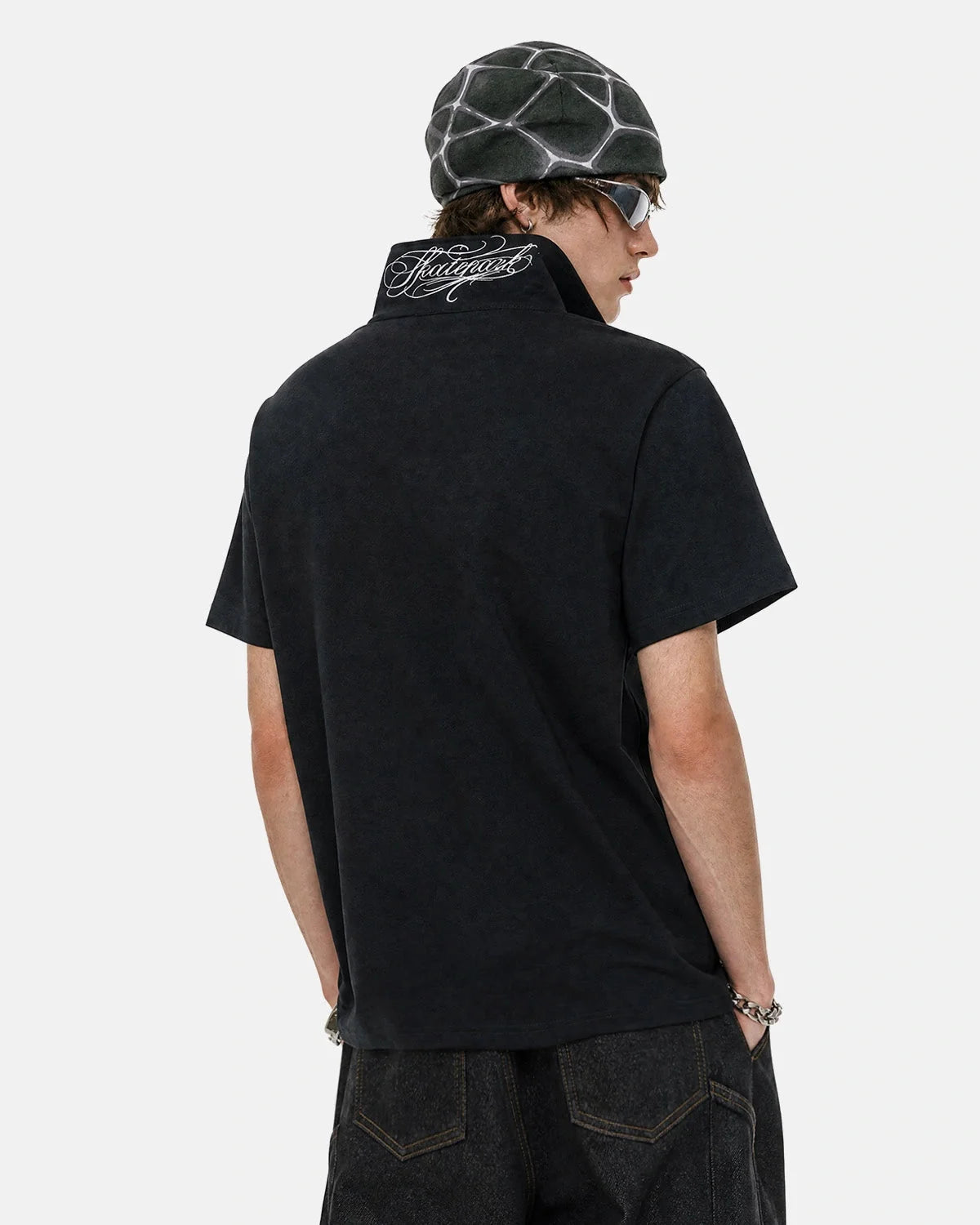 Omygoods Black Script Embroidered Polo T-Shirt