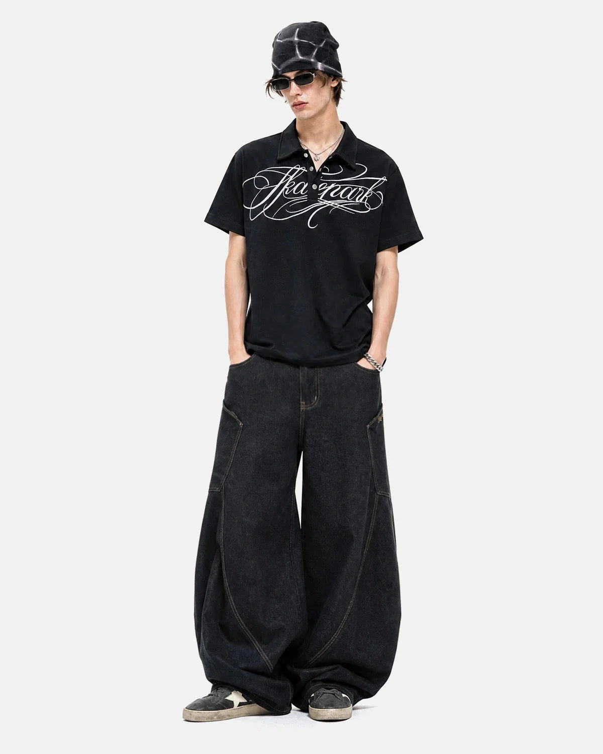 Omygoods Black Script Embroidered Polo T-Shirt