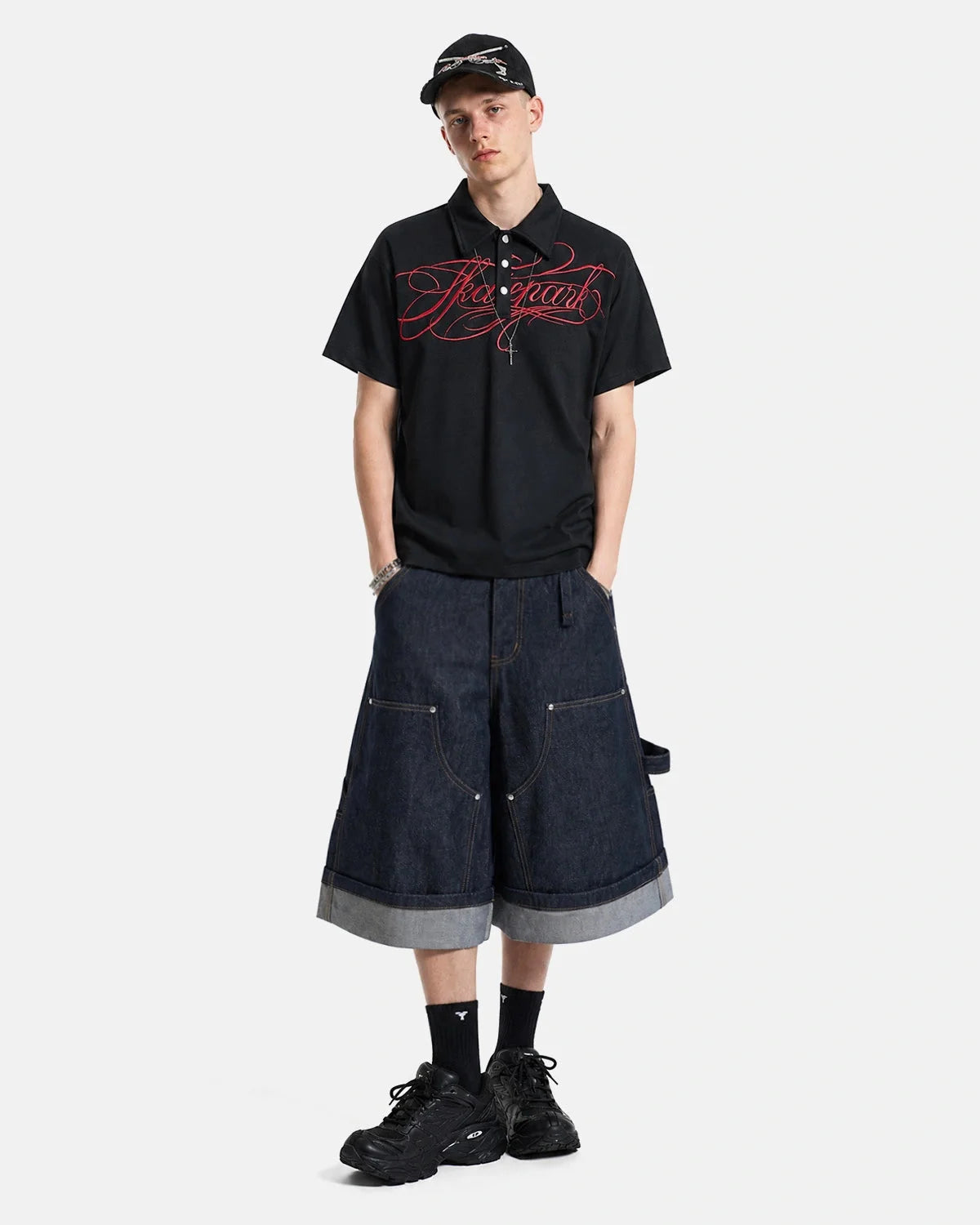 Omygoods Black Script Embroidered Polo T-Shirt
