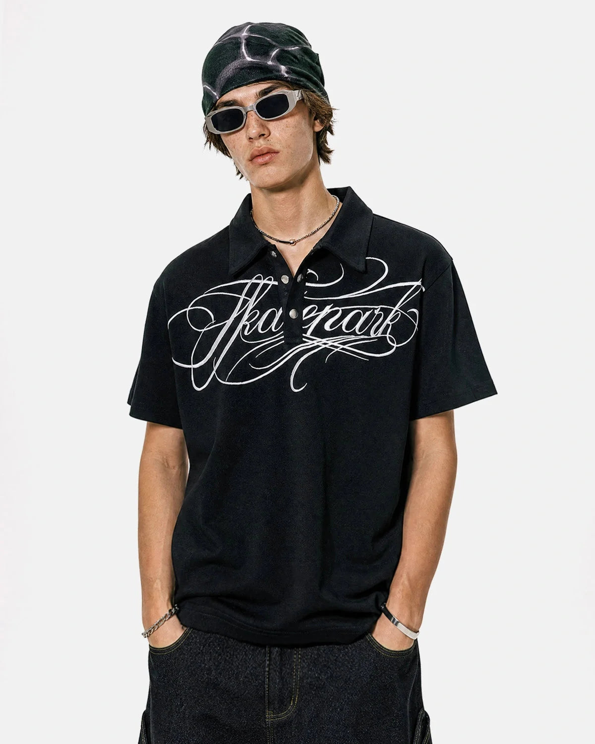 Omygoods Black Script Embroidered Polo T-Shirt