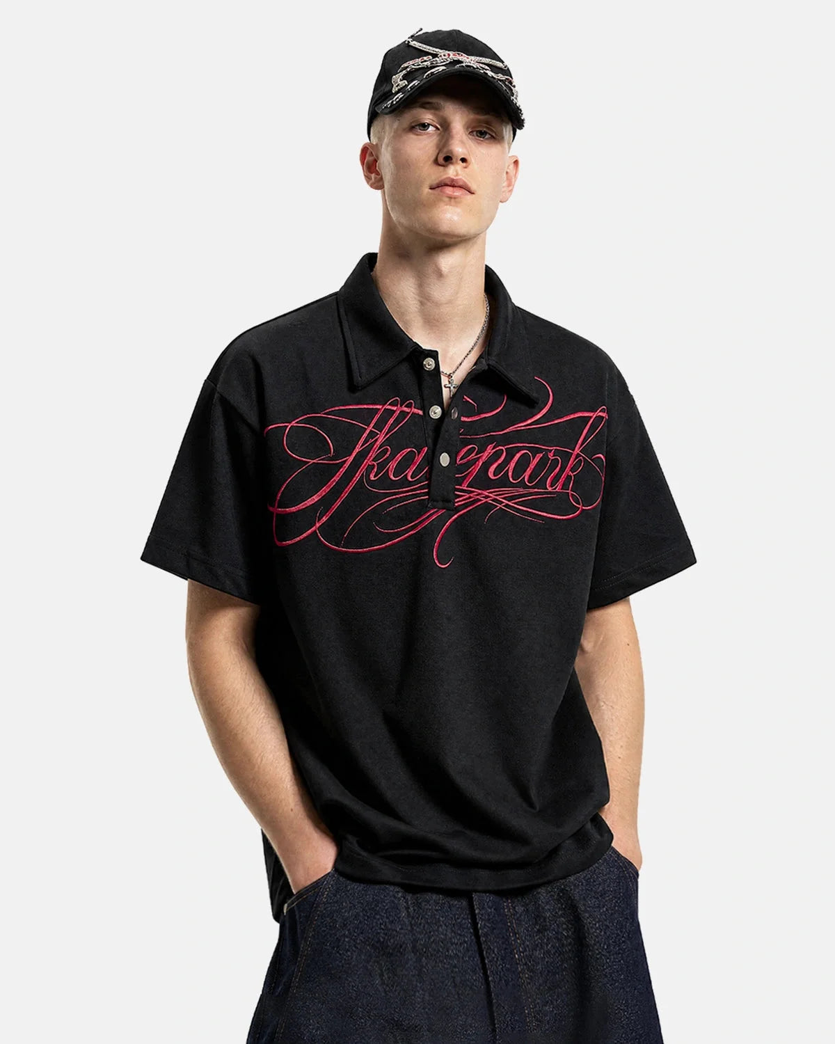 Omygoods Black Script Embroidered Polo T-Shirt