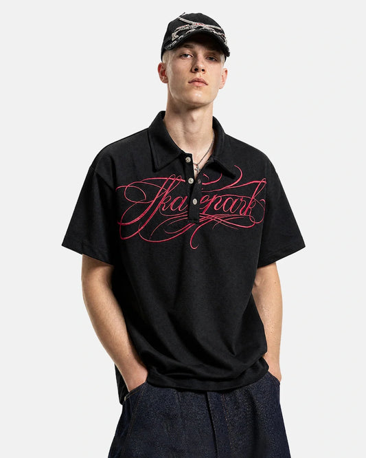 Omygoods Black Script Embroidered Polo T-Shirt