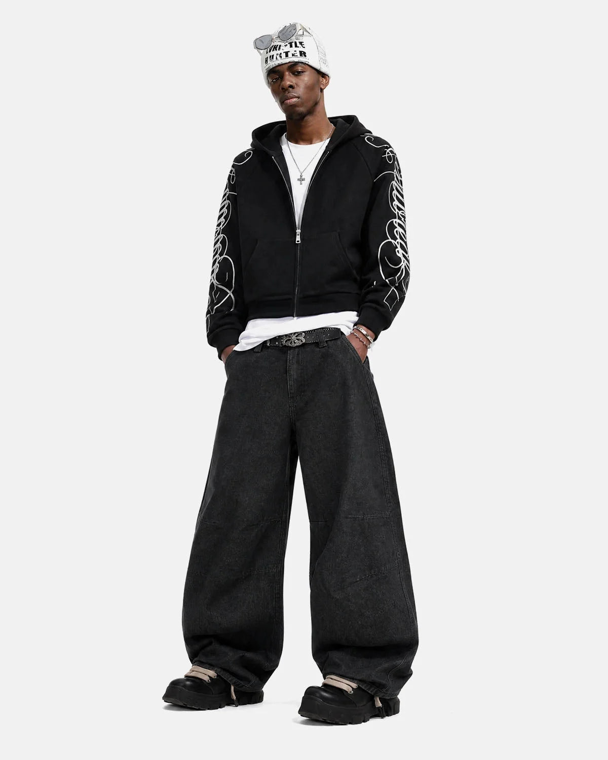 Omygoods Script Graphic Raglan Sleeve Zip Up Hoodie
