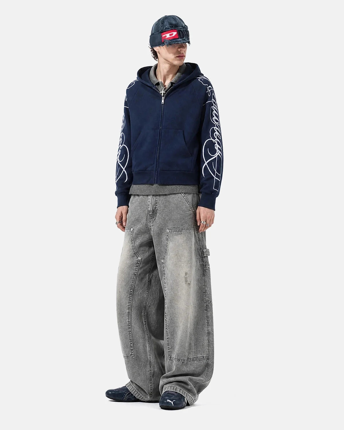 Omygoods Script Graphic Raglan Sleeve Zip Up Hoodie