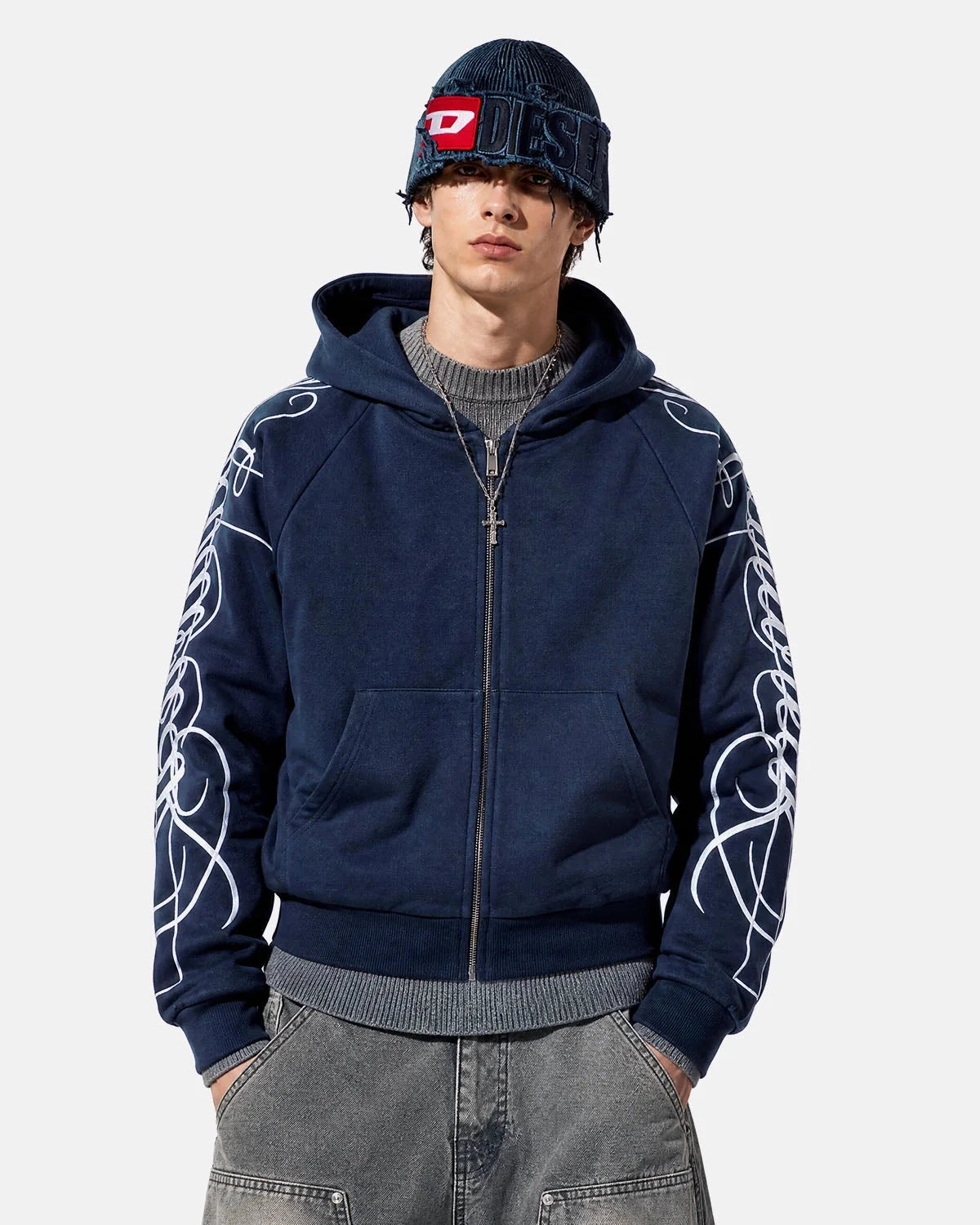 Omygoods Script Graphic Raglan Sleeve Zip Up Hoodie