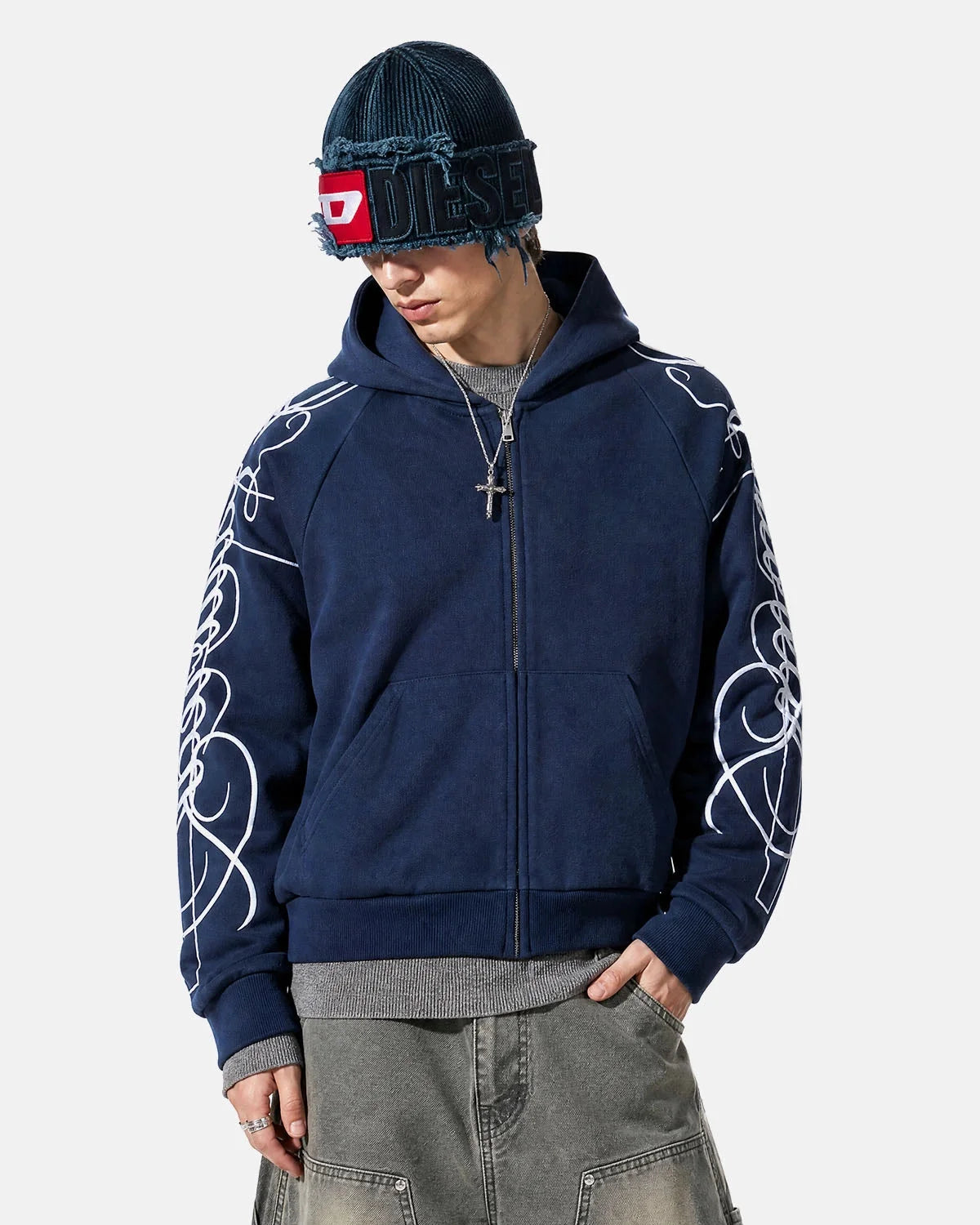 Omygoods Script Graphic Raglan Sleeve Zip Up Hoodie