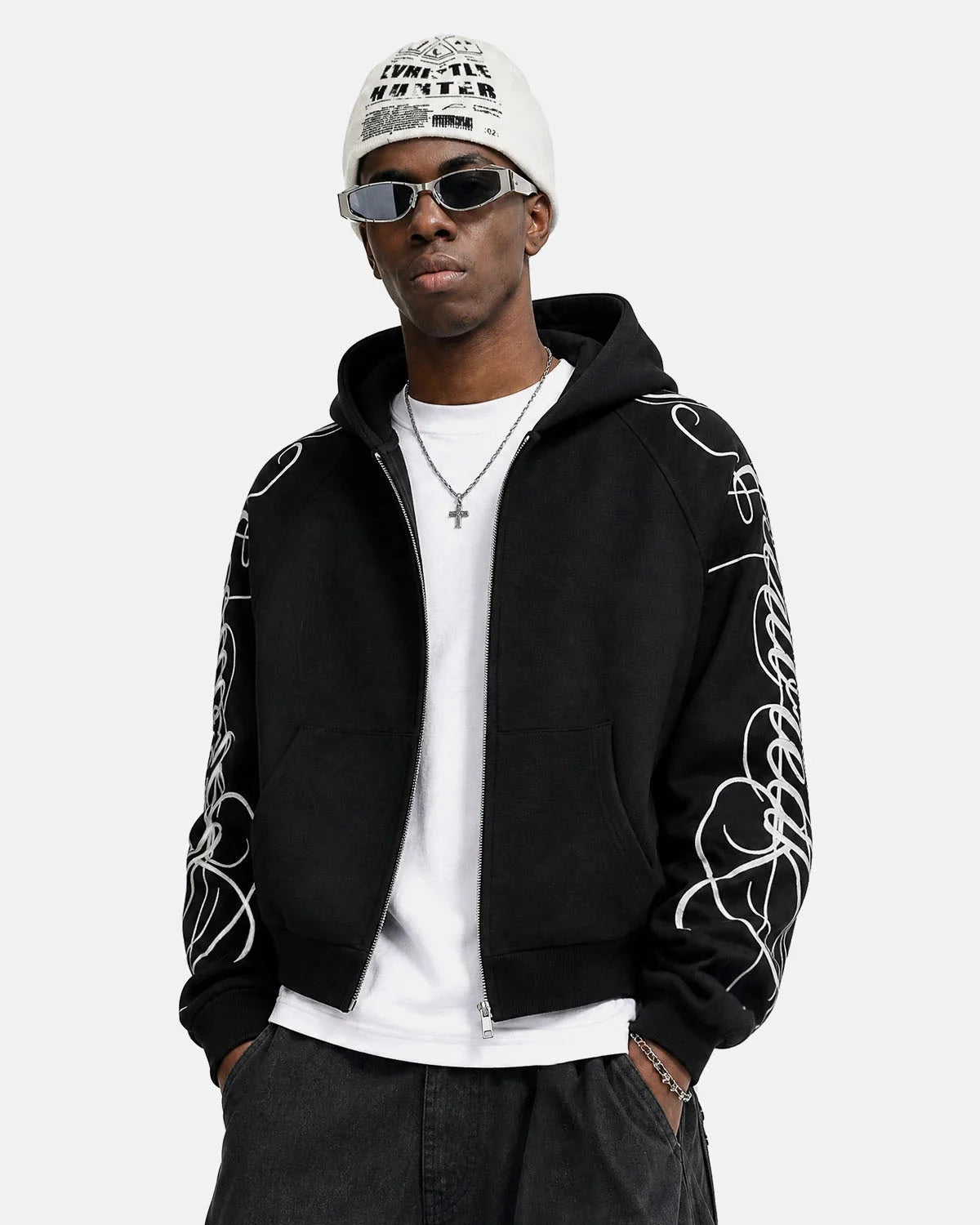 Omygoods Script Graphic Raglan Sleeve Zip Up Hoodie