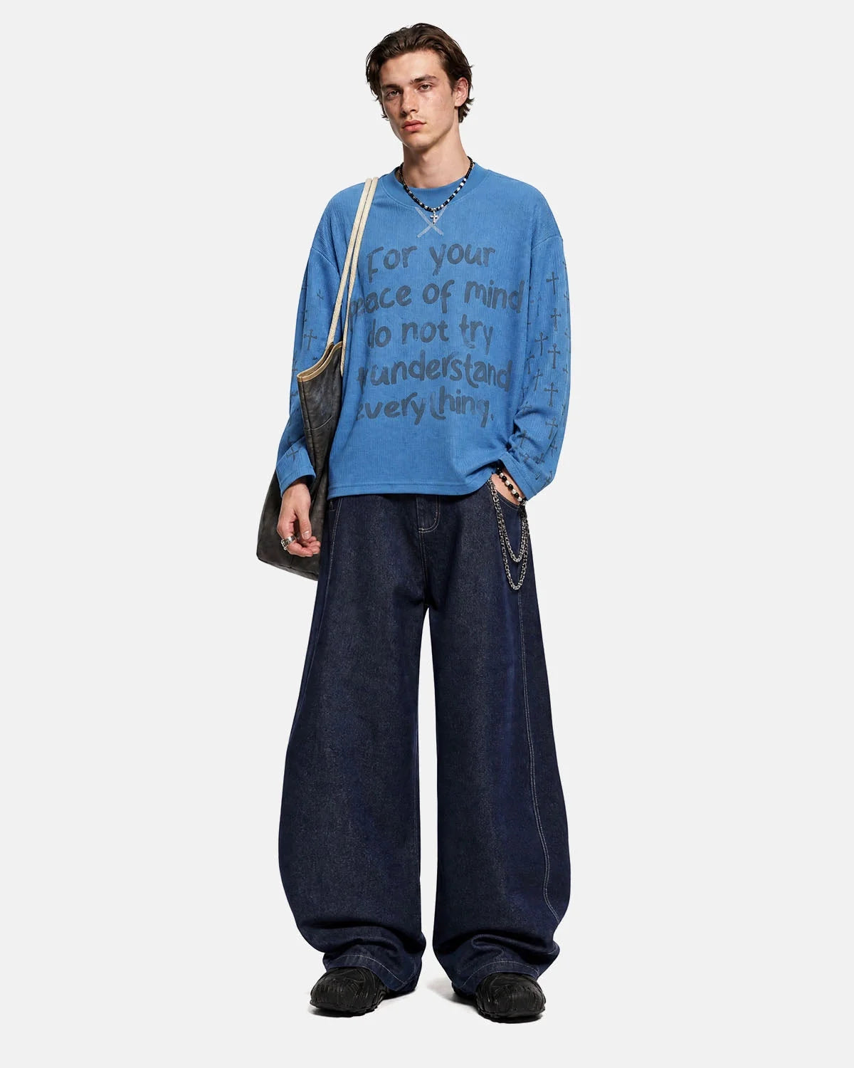 Omygoods Script Graphic Waffle Long Sleeve T-Shirt