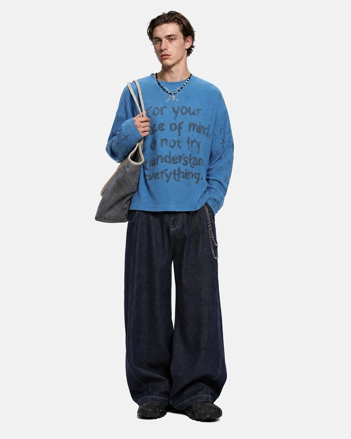 Omygoods Script Graphic Waffle Long Sleeve T-Shirt