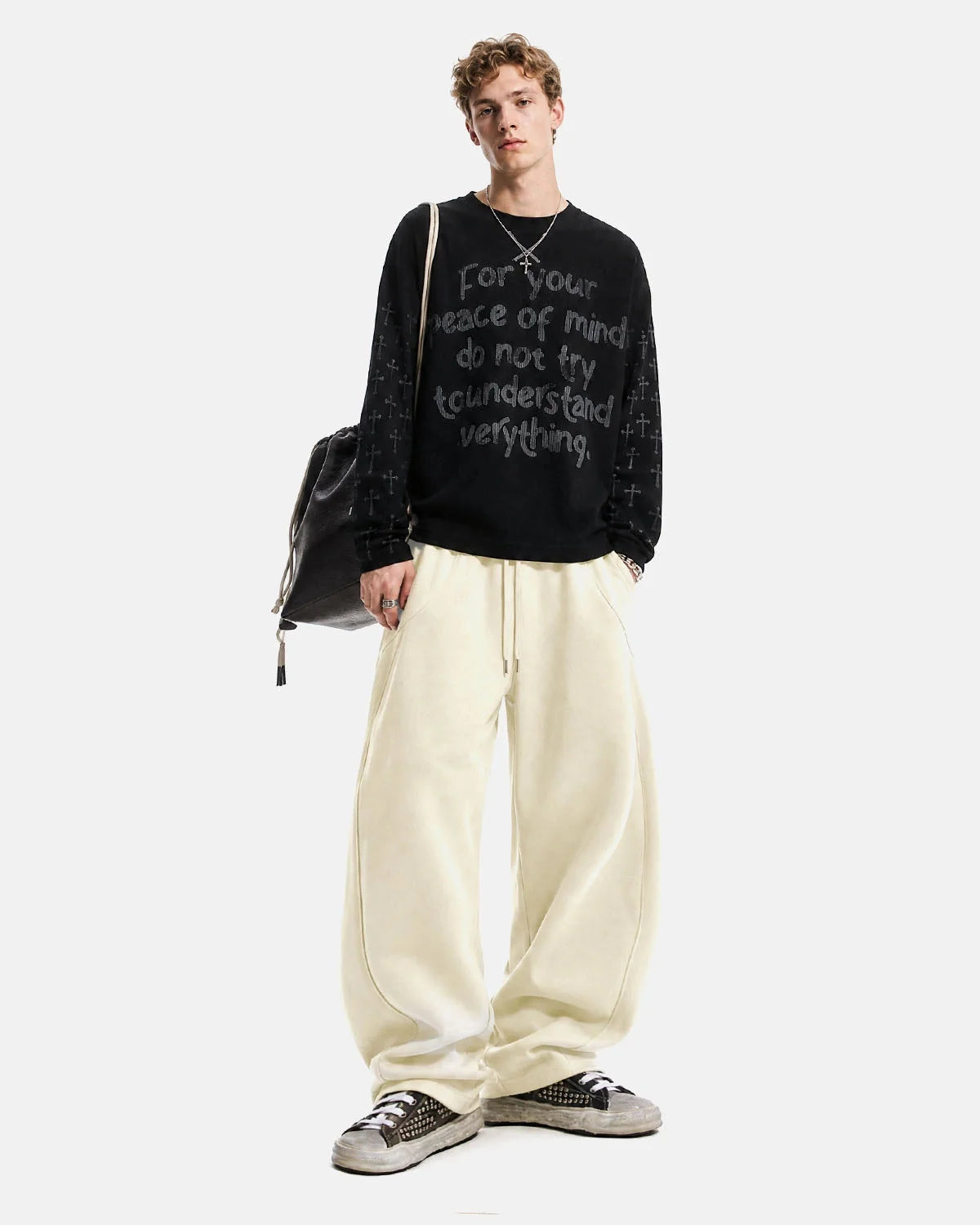Omygoods Script Graphic Waffle Long Sleeve T-Shirt