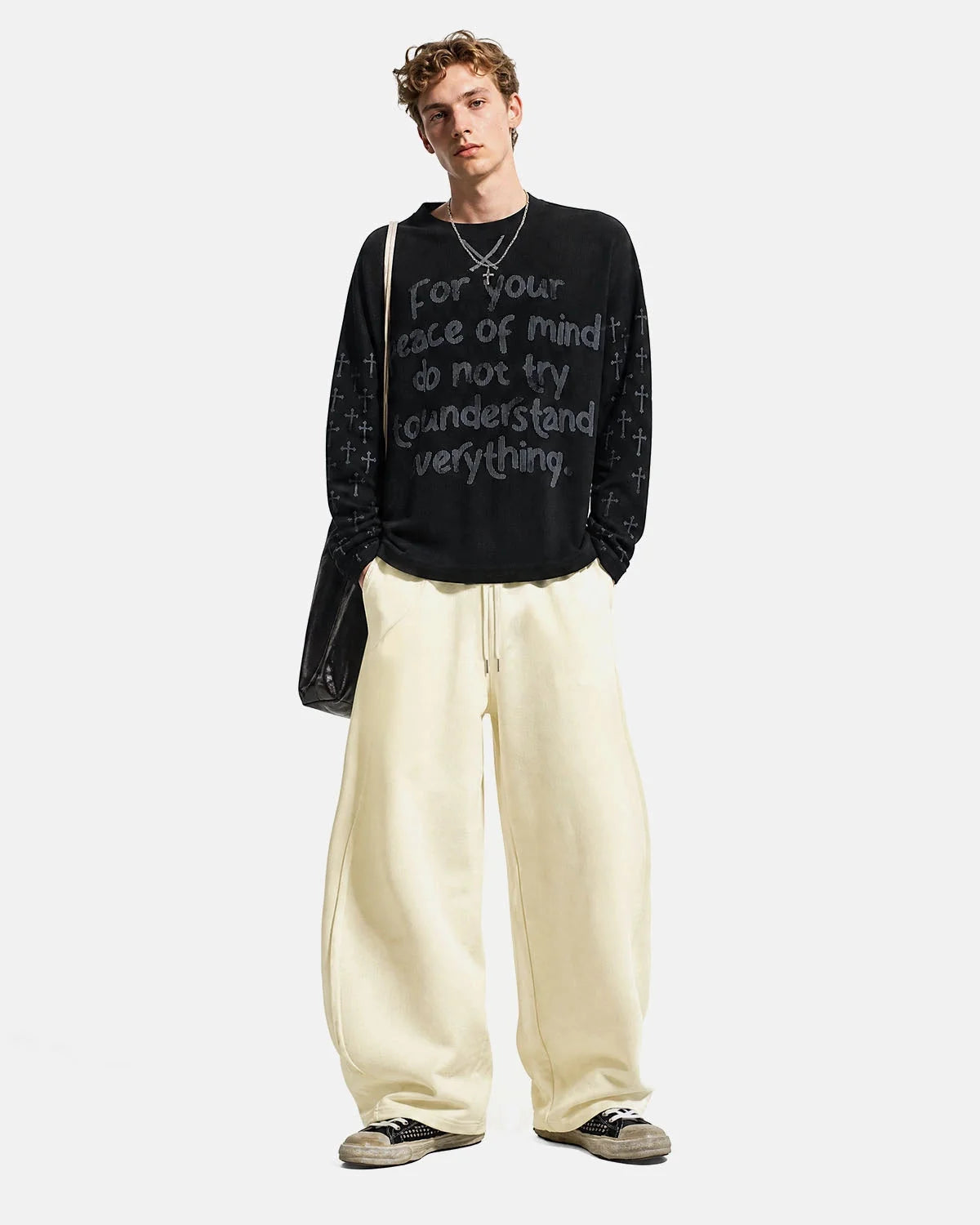 Omygoods Script Graphic Waffle Long Sleeve T-Shirt