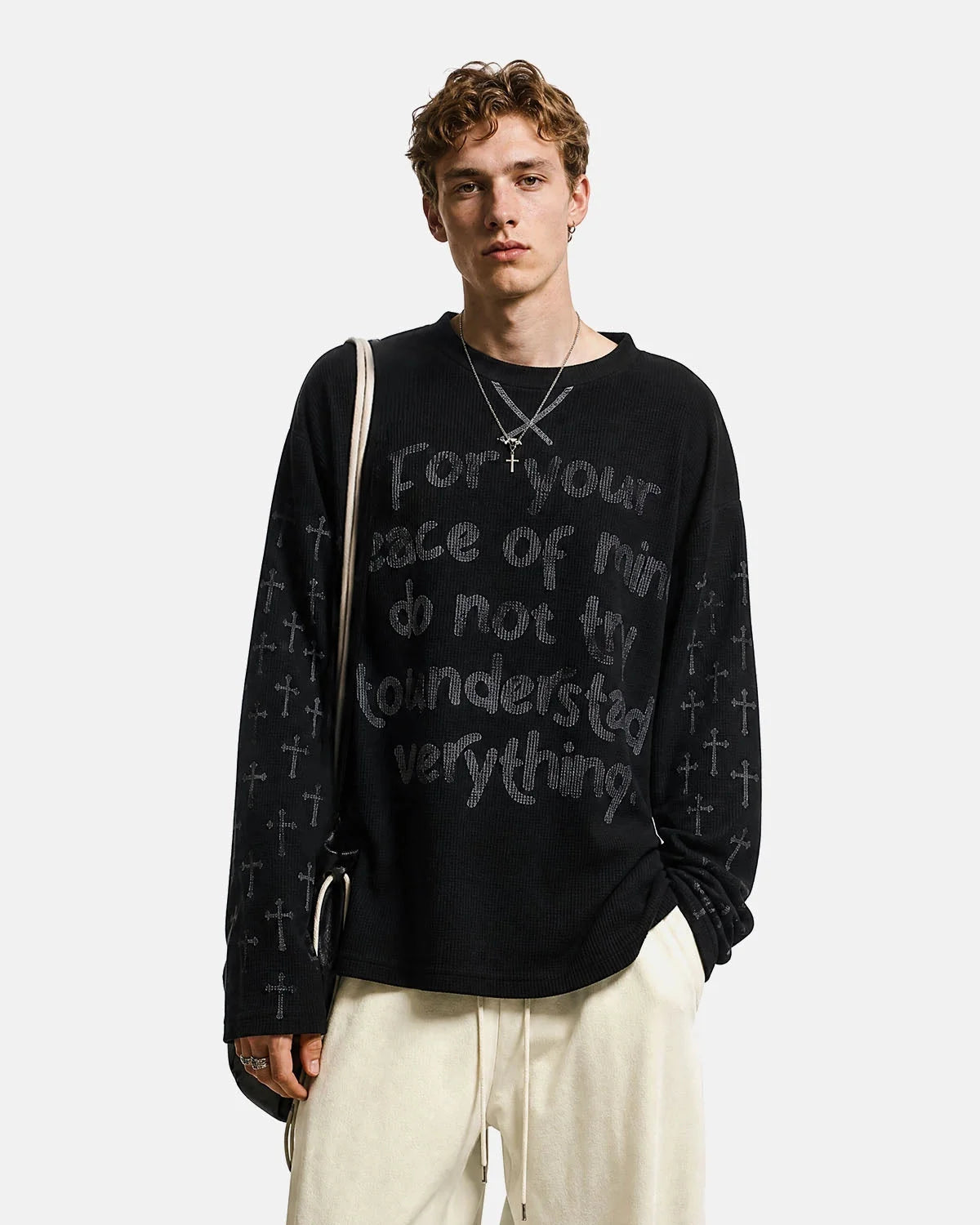 Omygoods Script Graphic Waffle Long Sleeve T-Shirt