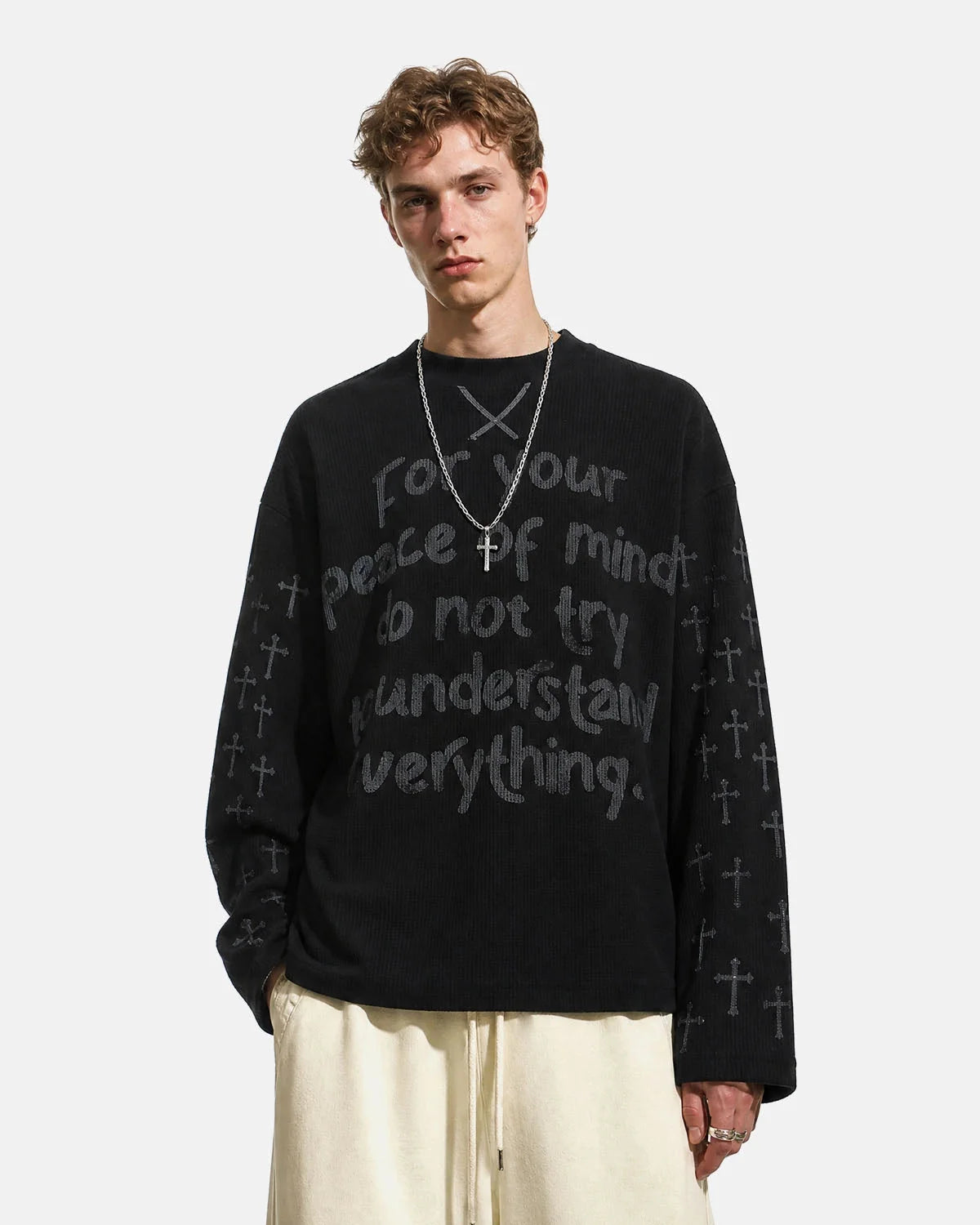 Omygoods Script Graphic Waffle Long Sleeve T-Shirt