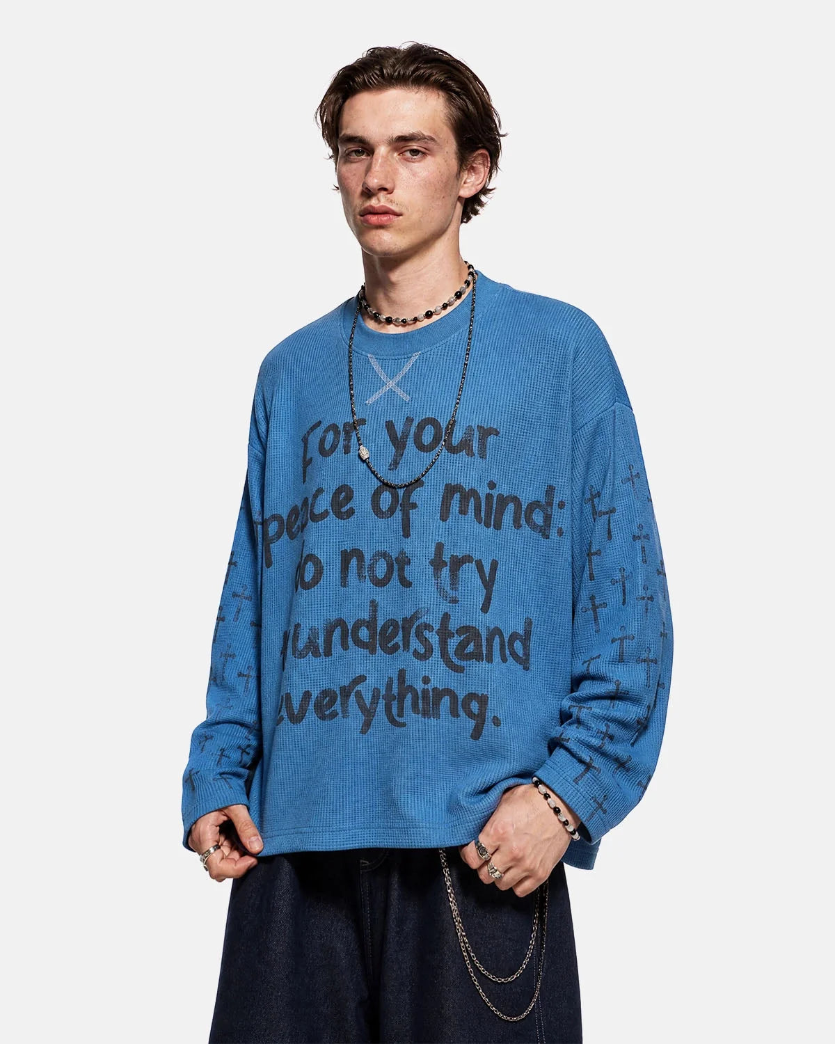 Omygoods Script Graphic Waffle Long Sleeve T-Shirt