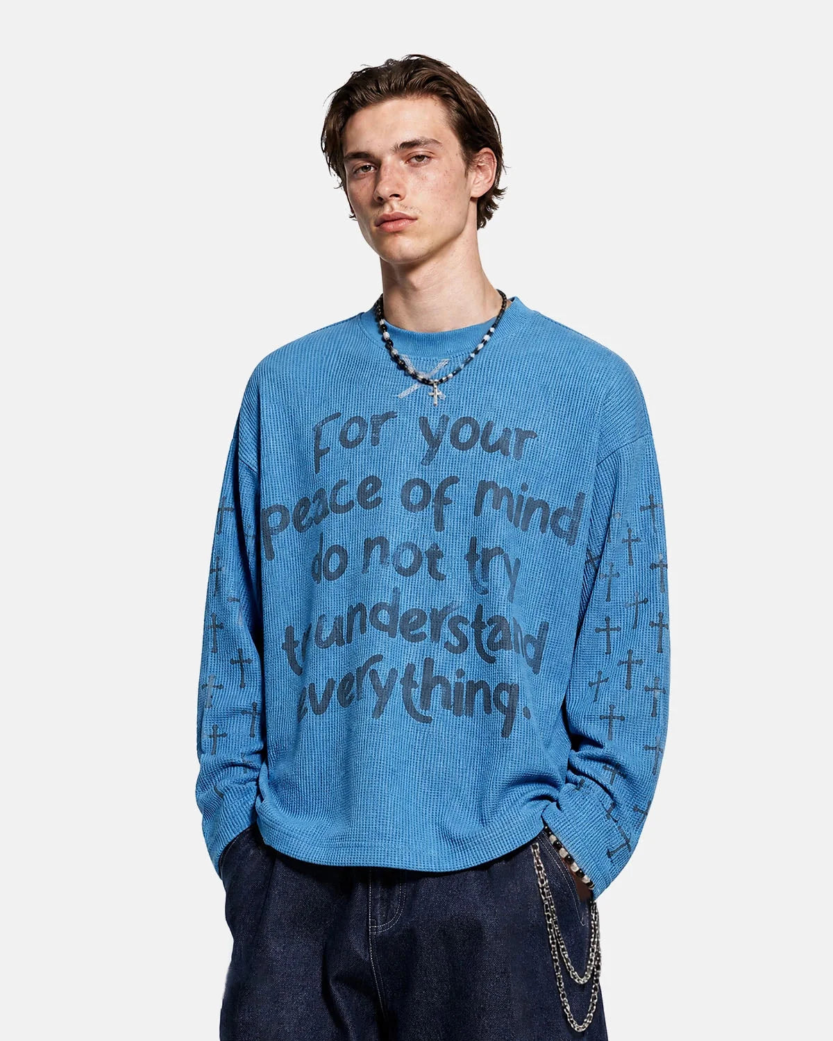 Omygoods Script Graphic Waffle Long Sleeve T-Shirt