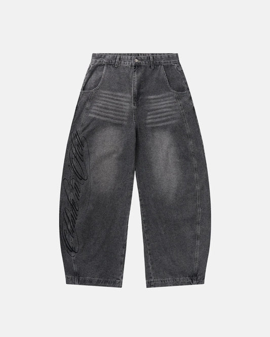 Omygoods Script Graphic Washed Barrel Jeans