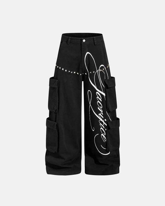 Omygoods Script Graphic Wide Leg Cargo Pants