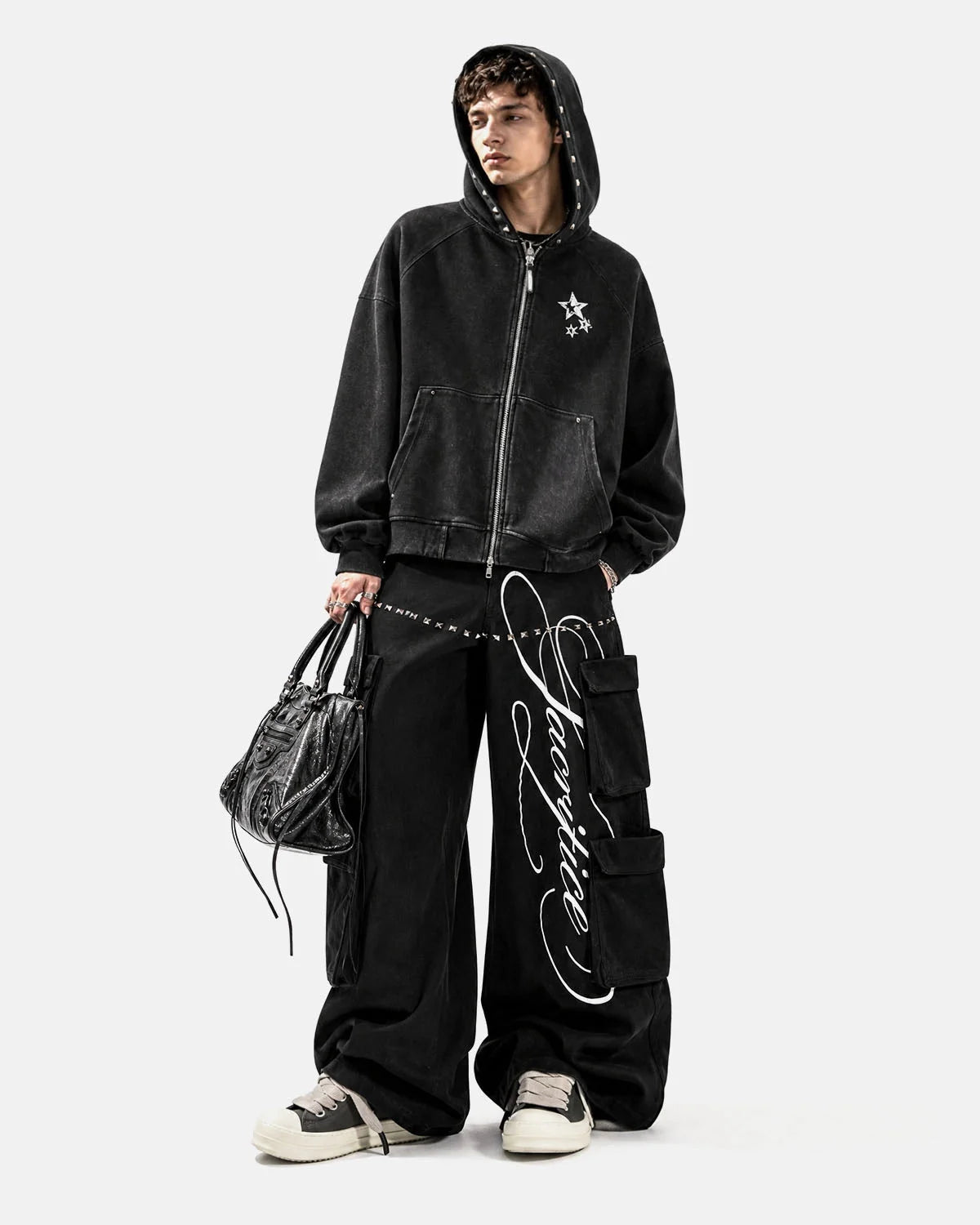 Omygoods Script Graphic Wide Leg Cargo Pants