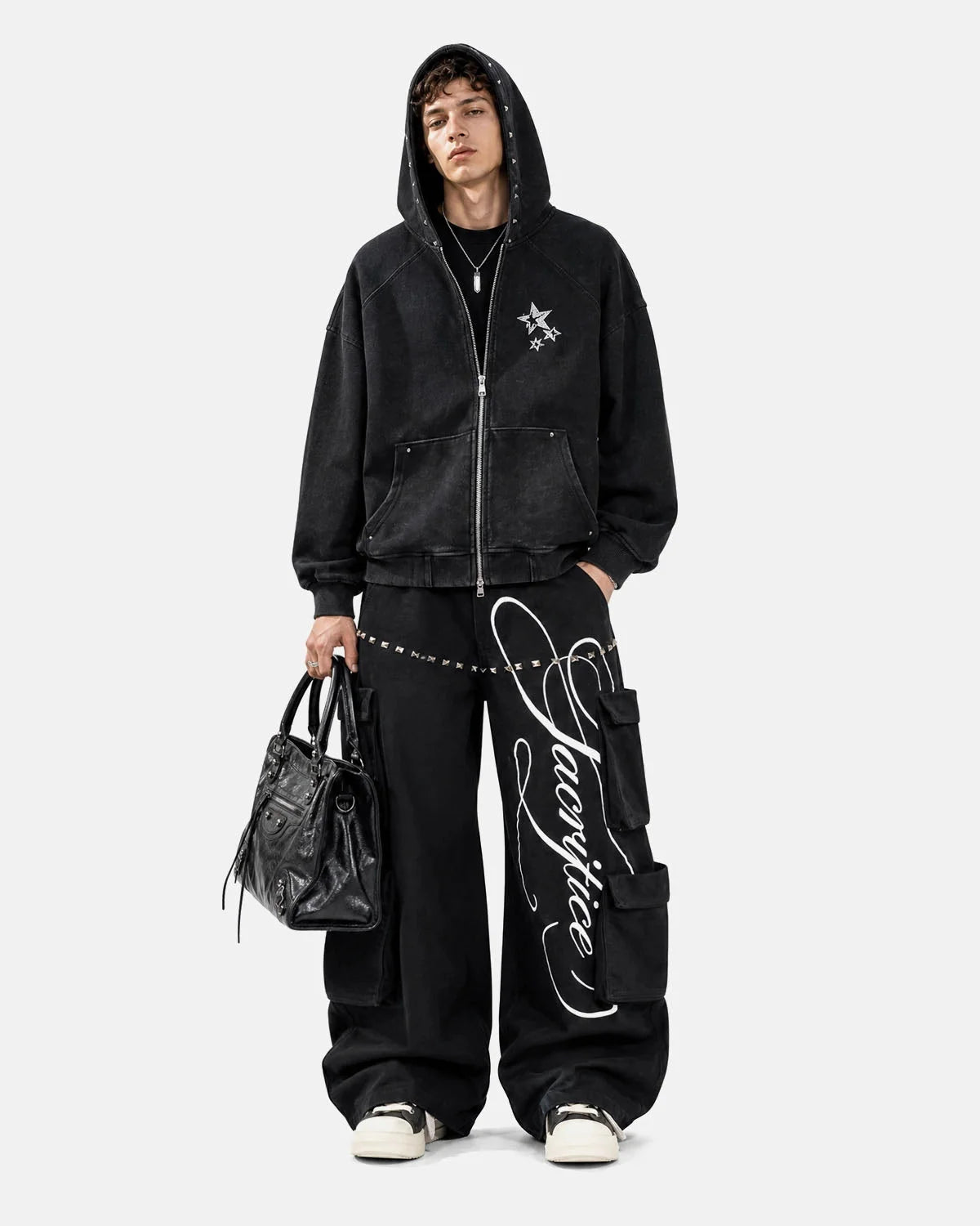 Omygoods Script Graphic Wide Leg Cargo Pants