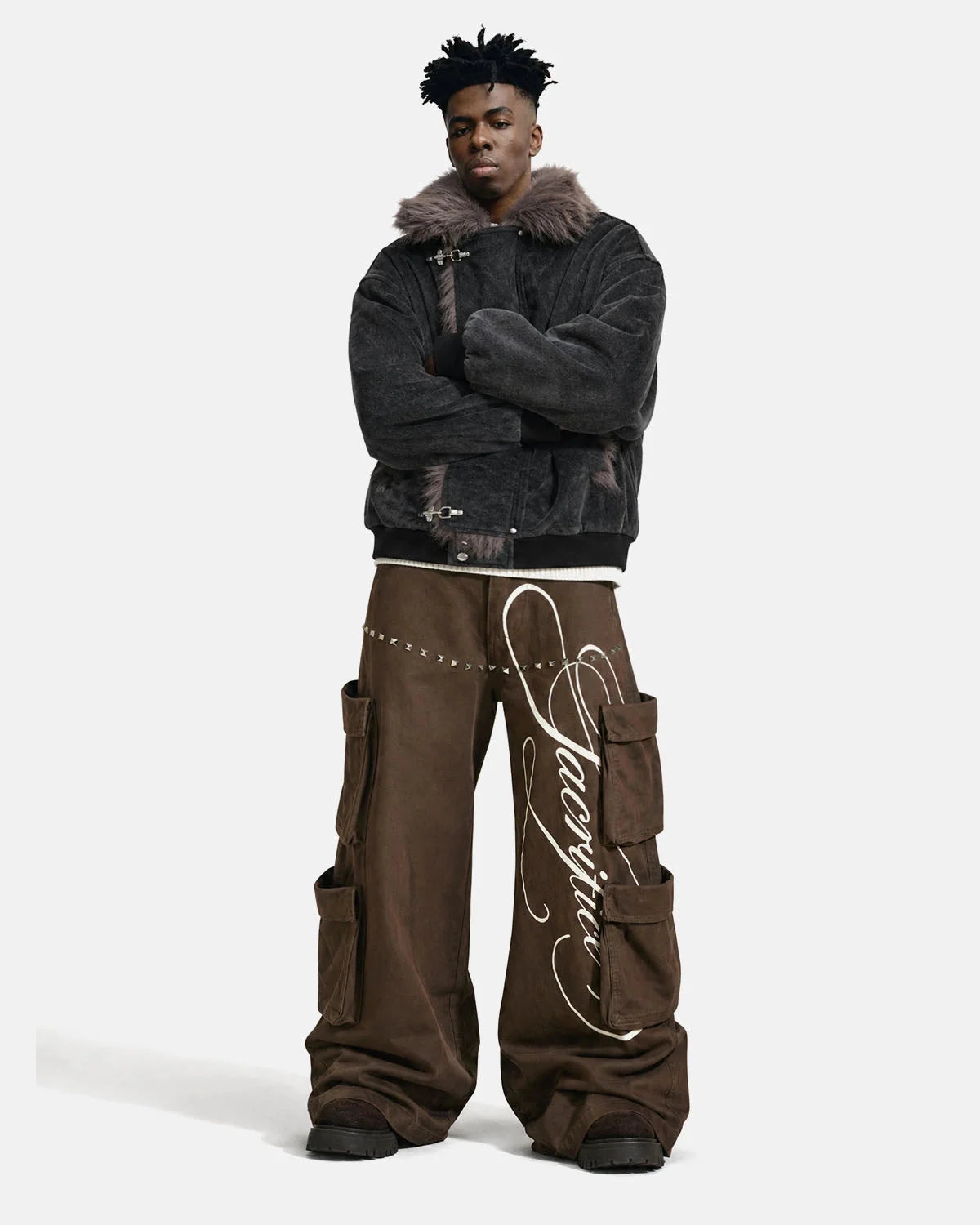 Omygoods Script Graphic Wide Leg Cargo Pants