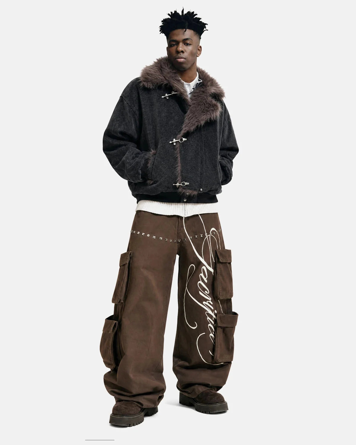 Omygoods Script Graphic Wide Leg Cargo Pants