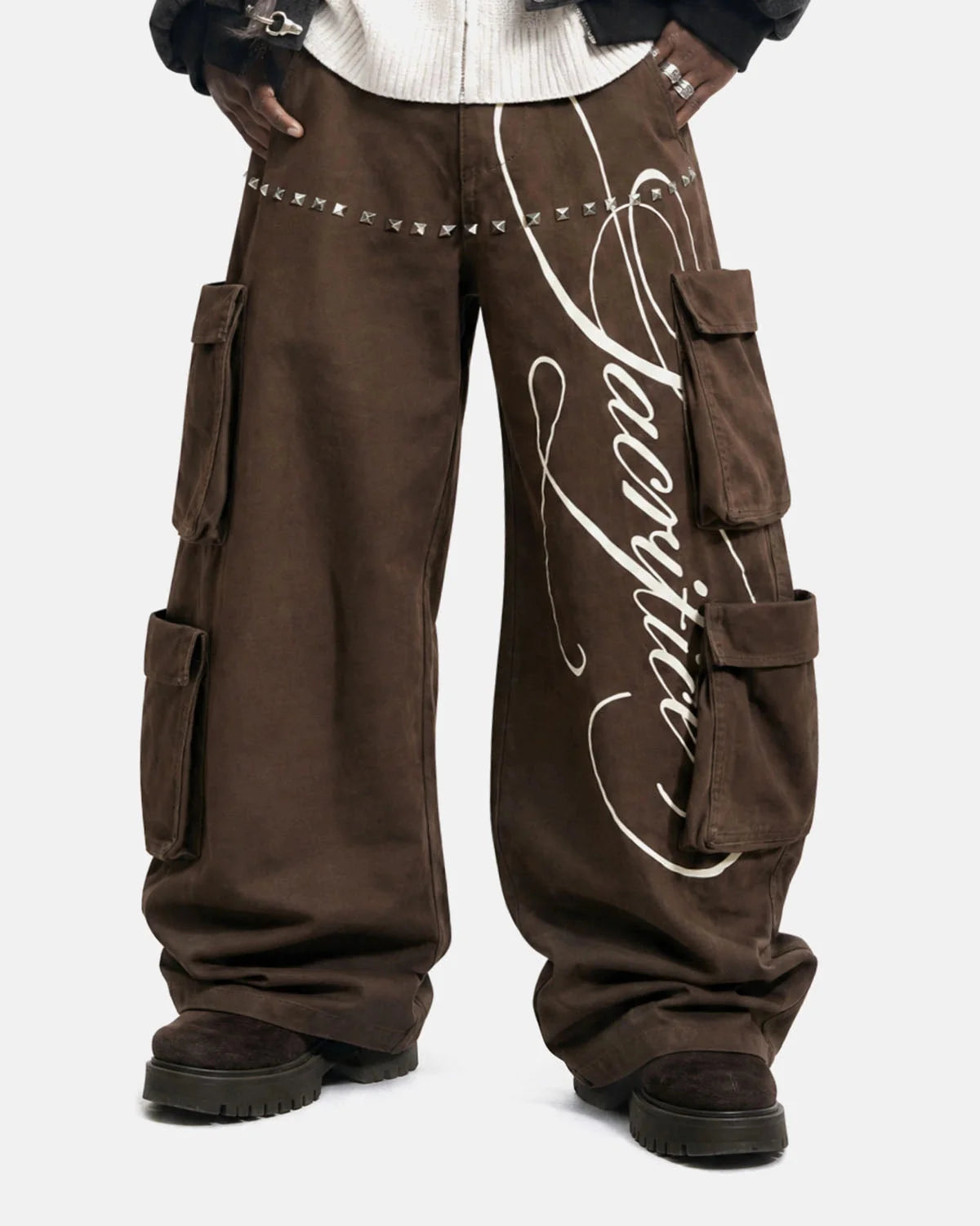 Omygoods Script Graphic Wide Leg Cargo Pants