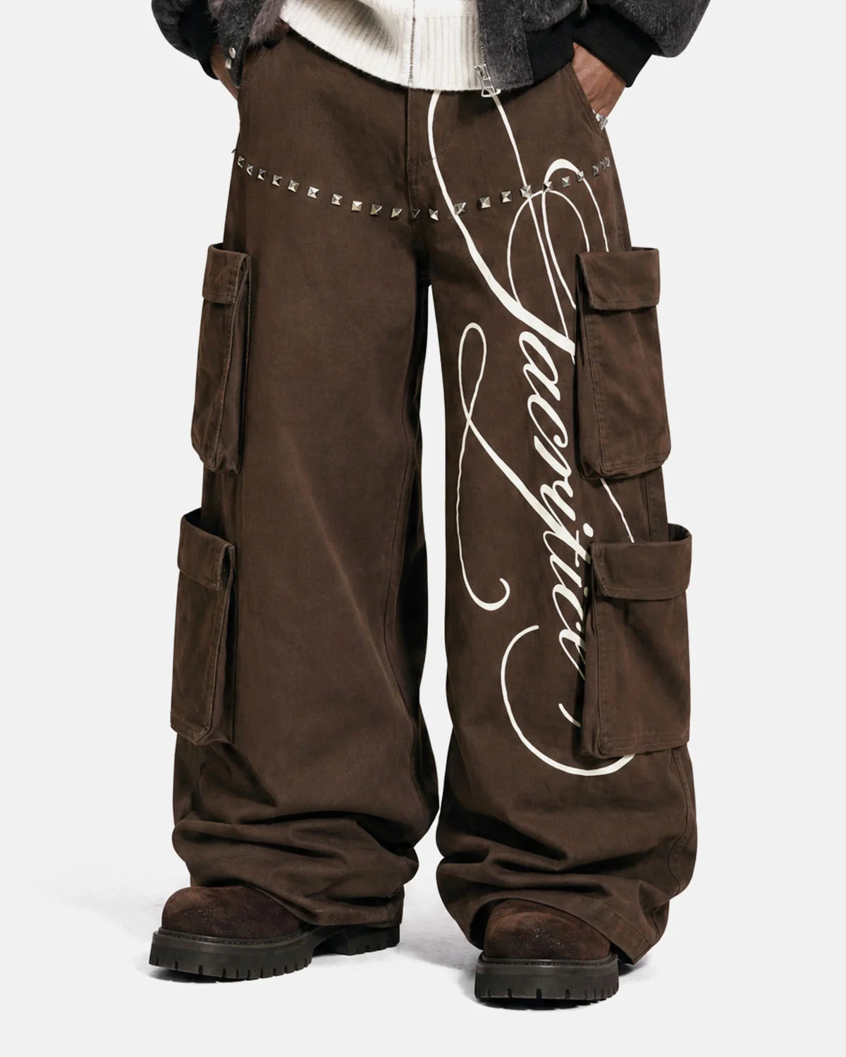 Omygoods Script Graphic Wide Leg Cargo Pants