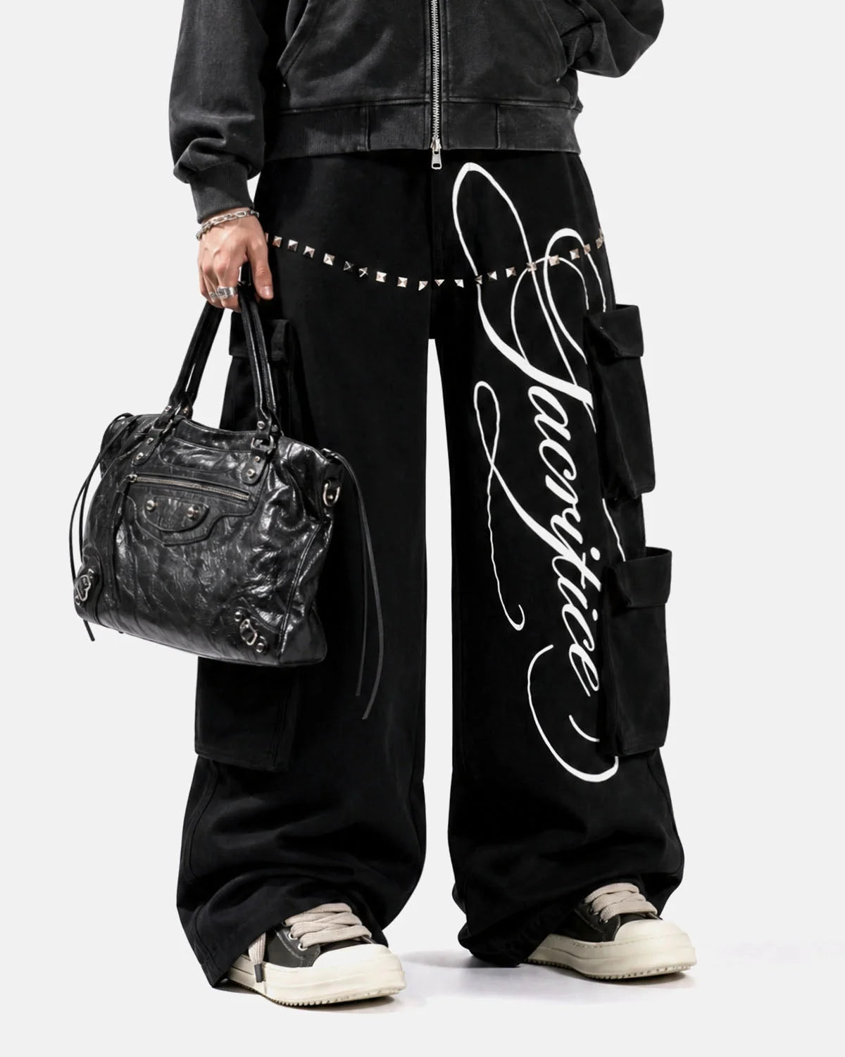 Omygoods Script Graphic Wide Leg Cargo Pants