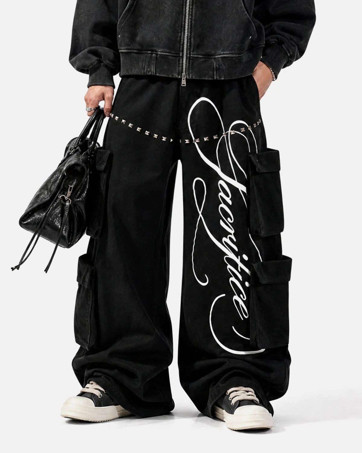 Omygoods Script Graphic Wide Leg Cargo Pants