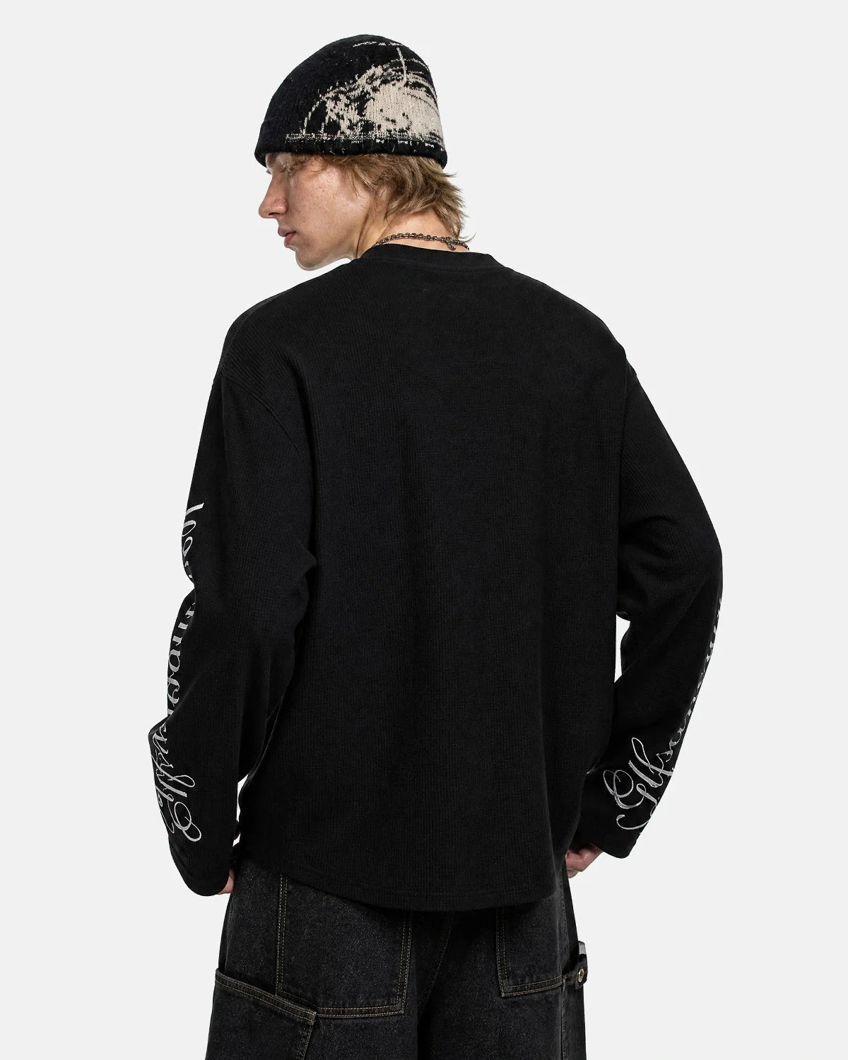 Omygoods Script Sleeve Graphic Waffle T-Shirt