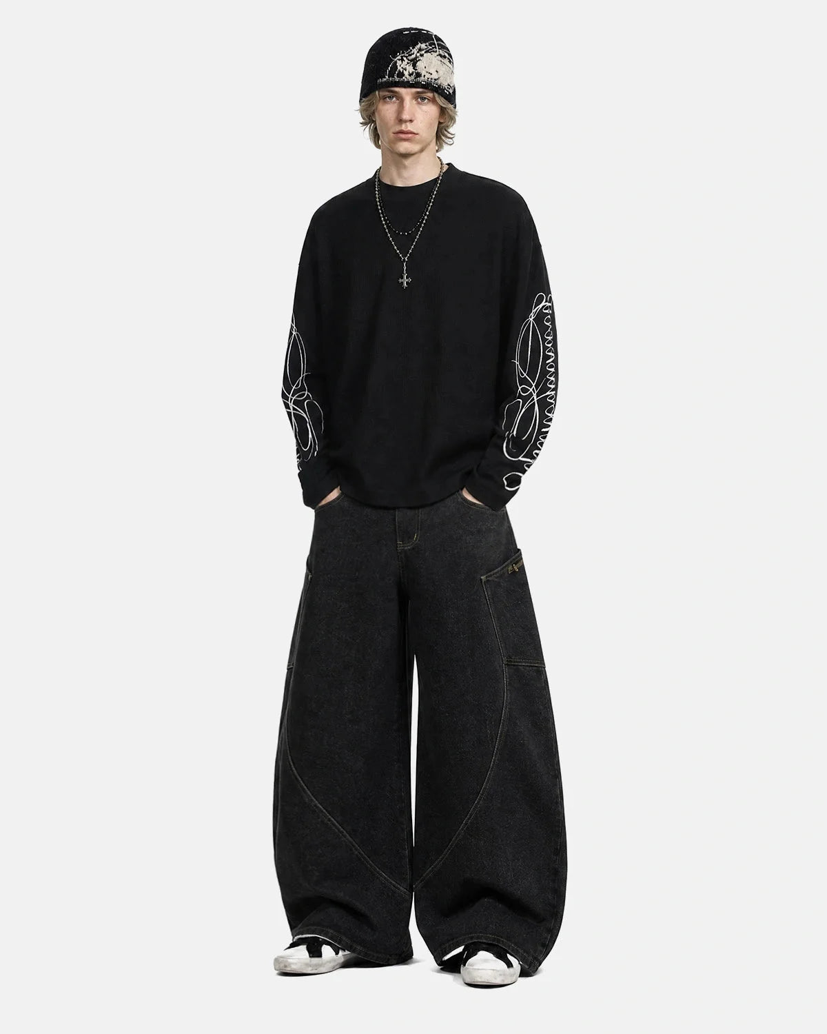 Omygoods Script Sleeve Graphic Waffle T-Shirt