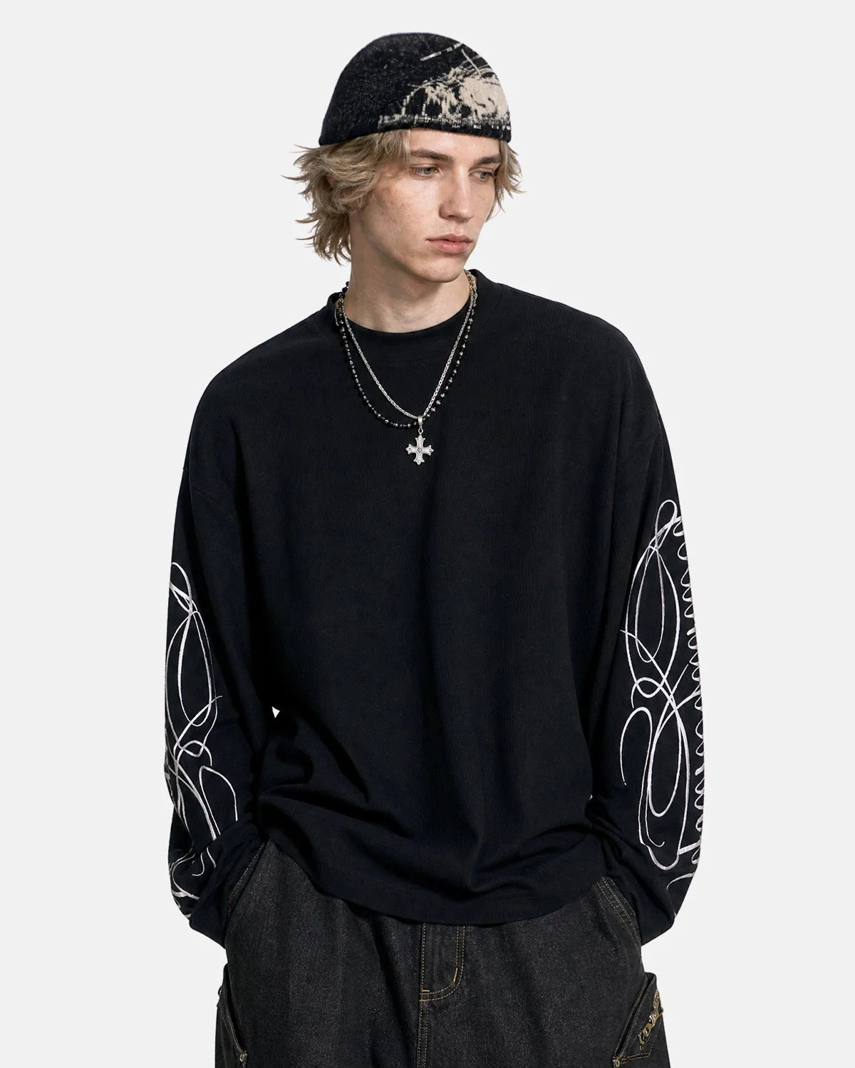 Omygoods Script Sleeve Graphic Waffle T-Shirt