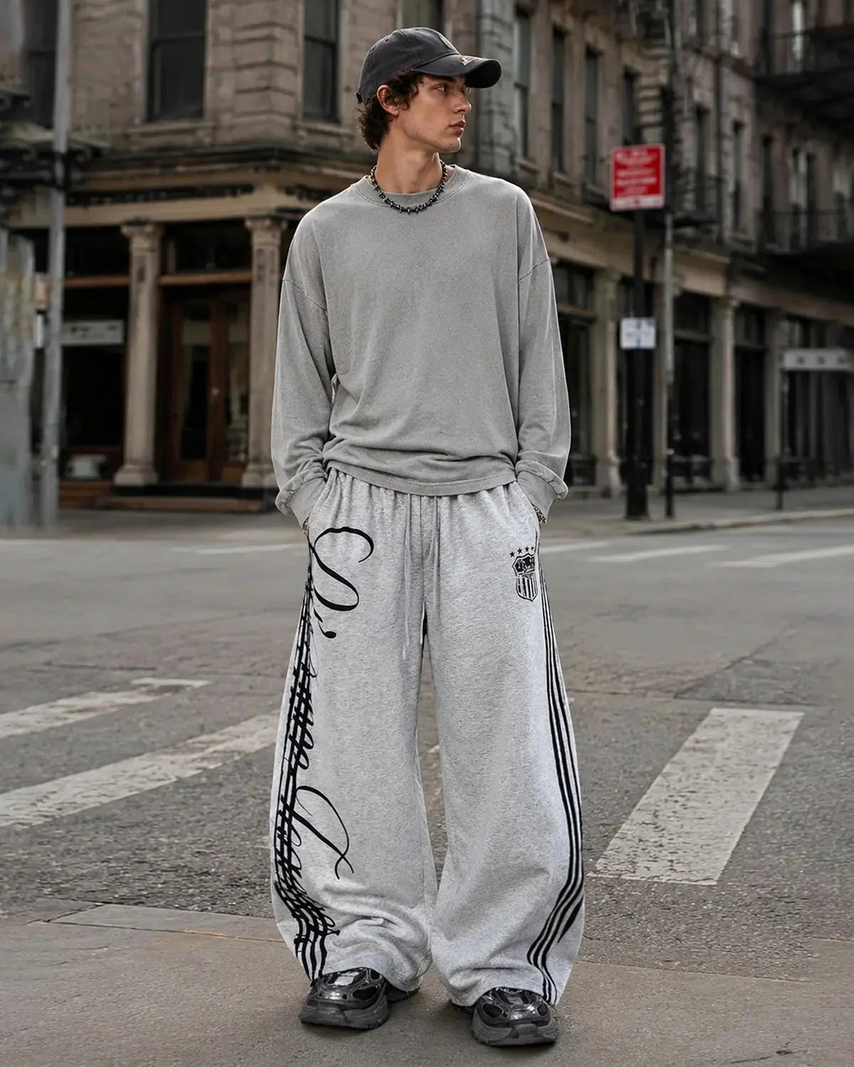 Omygoods Script Stripe Baggy Sweatpants
