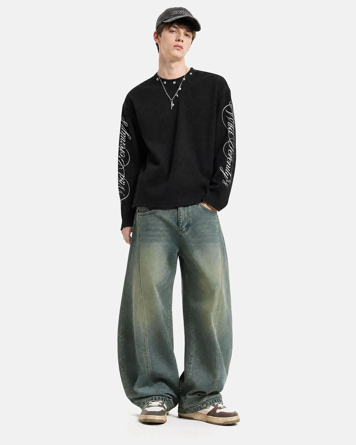 Omygoods Script Washed Studded Boxy Waffle T-Shirt