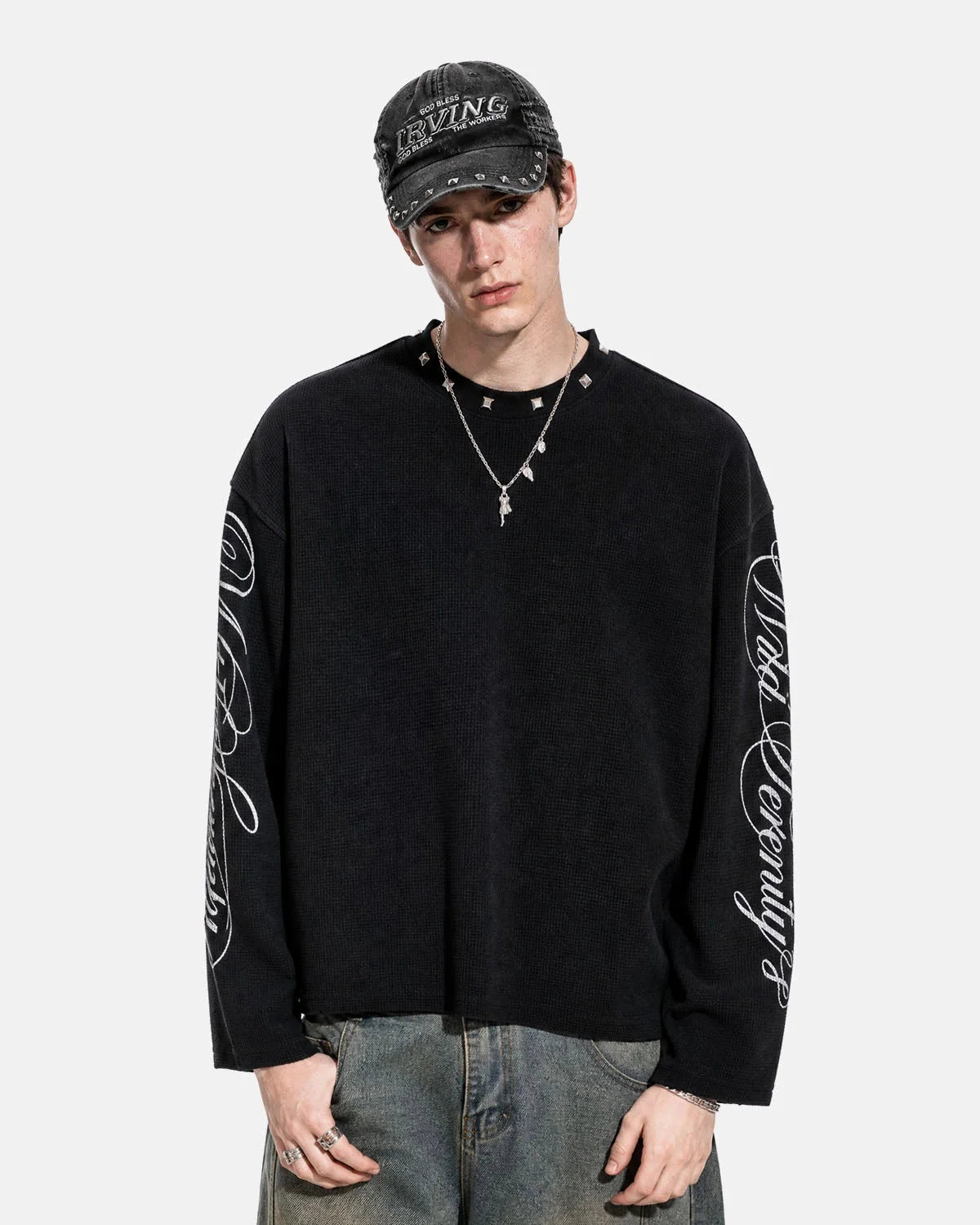 Omygoods Script Washed Studded Boxy Waffle T-Shirt