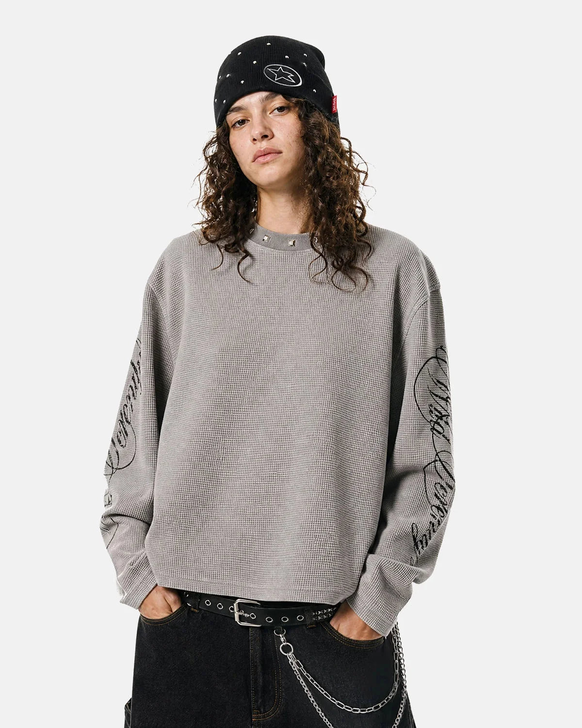 Omygoods Script Washed Studded Boxy Waffle T-Shirt