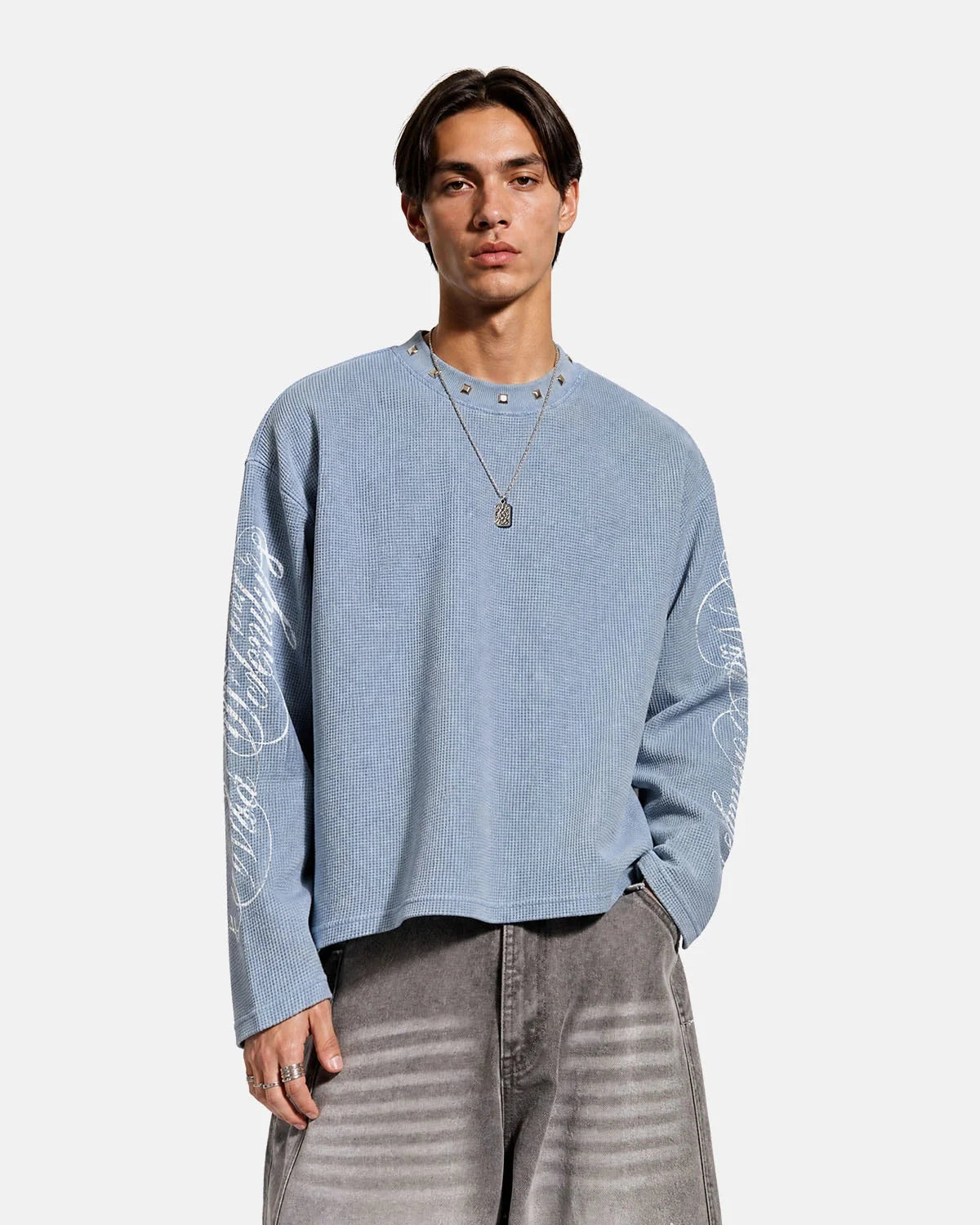 Omygoods Script Washed Studded Boxy Waffle T-Shirt
