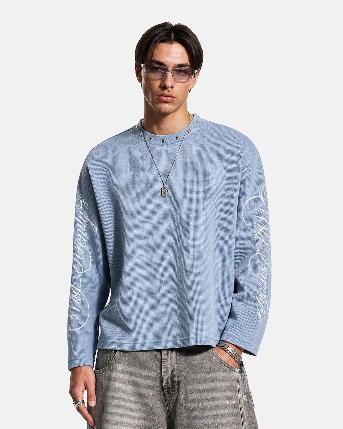 Omygoods Script Washed Studded Boxy Waffle T-Shirt