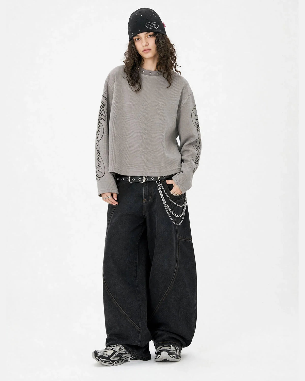 Omygoods Script Washed Studded Boxy Waffle T-Shirt