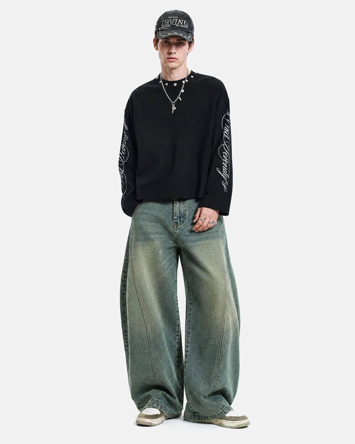 Omygoods Script Washed Studded Boxy Waffle T-Shirt
