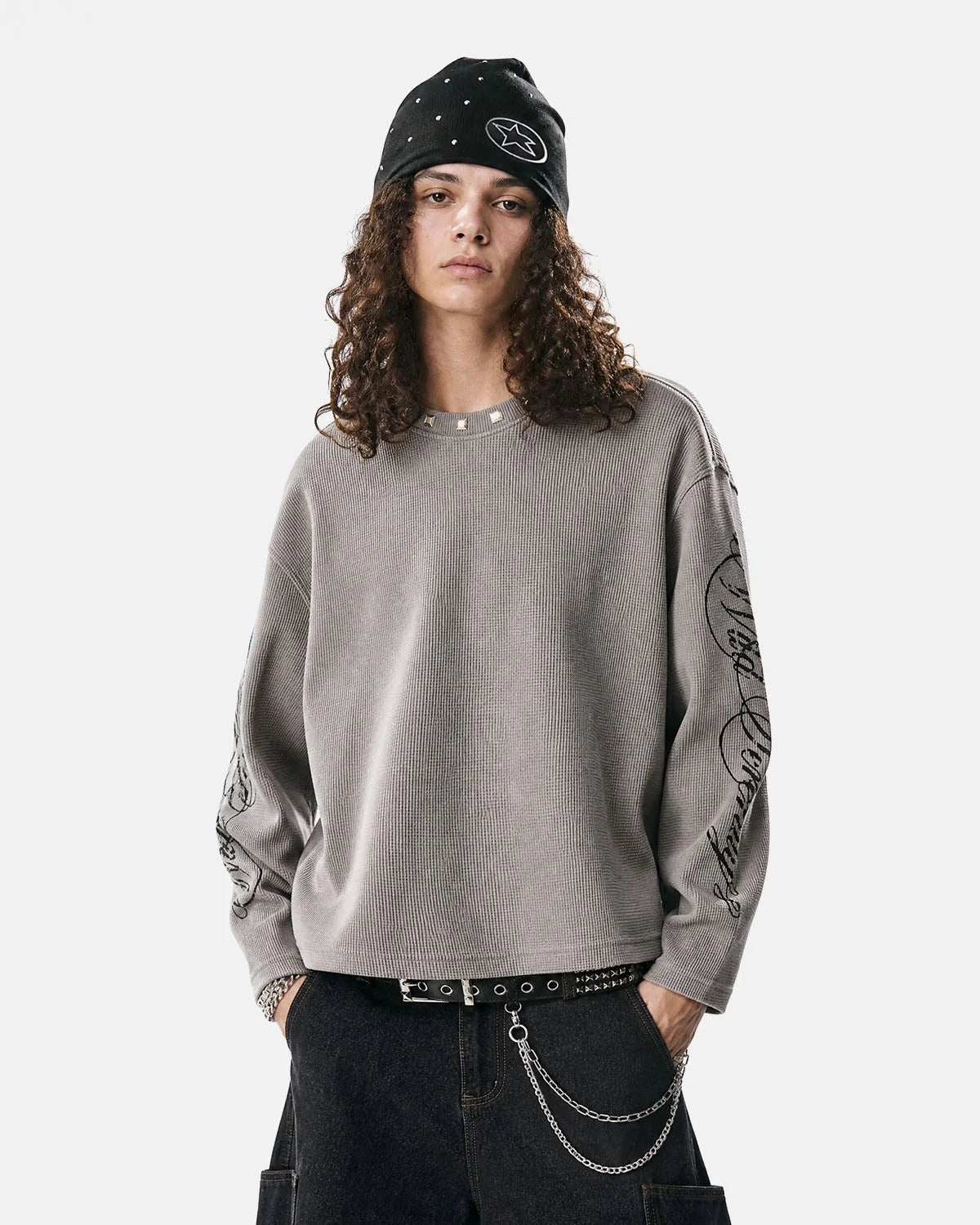 Omygoods Script Washed Studded Boxy Waffle T-Shirt