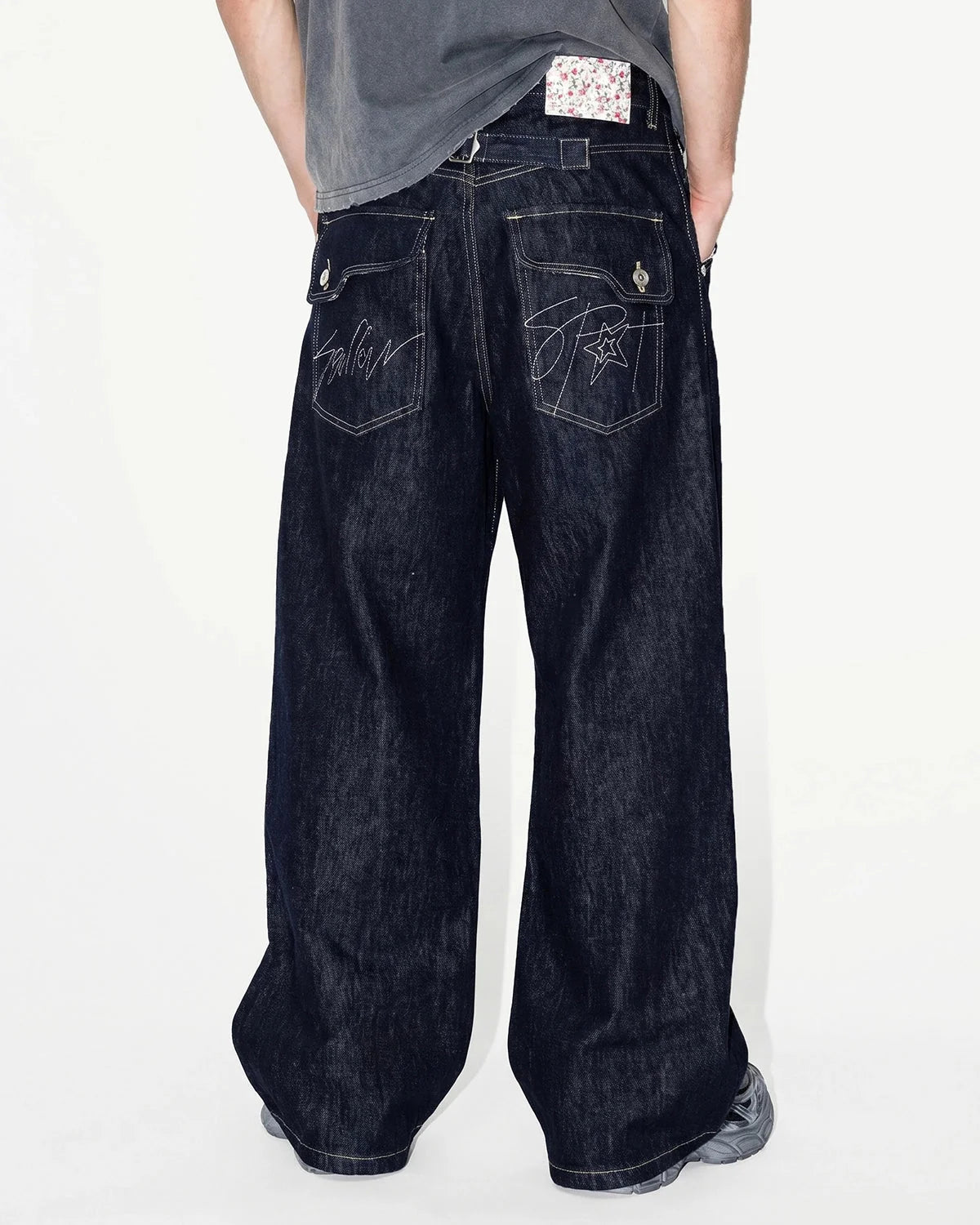 Omygoods Selvedge Buckle Baggy Jeans