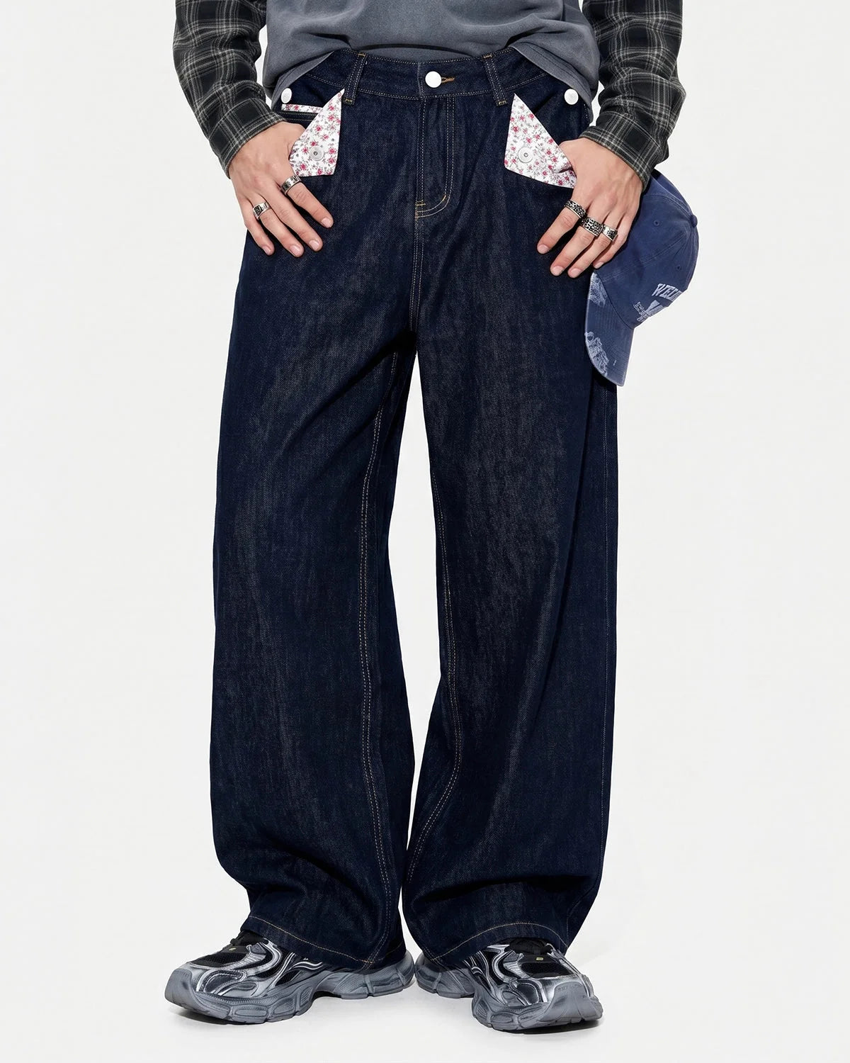 Omygoods Selvedge Buckle Baggy Jeans