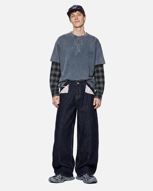 Omygoods Selvedge Buckle Baggy Jeans