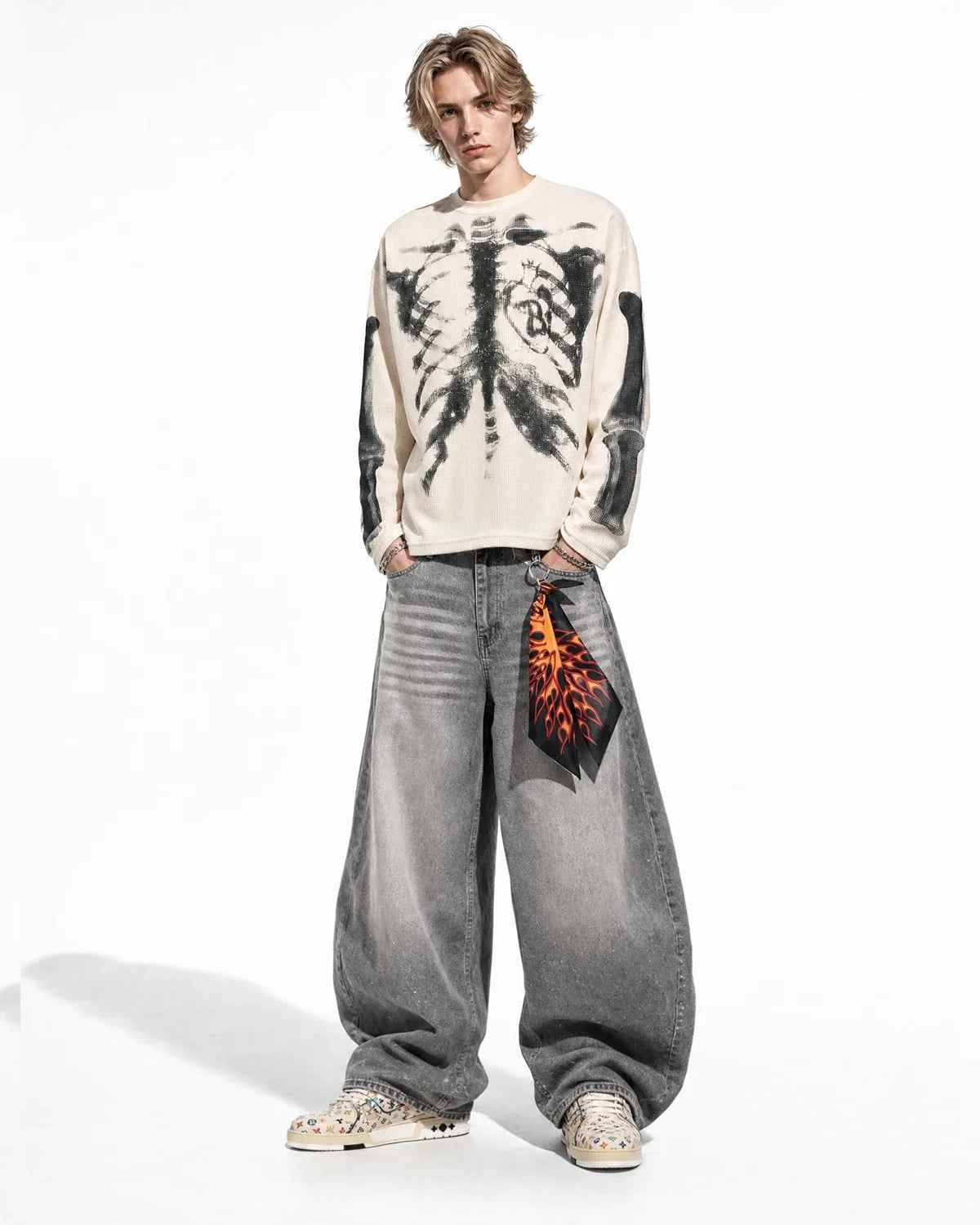 Omygoods Skeleton Graphic Washed Long Sleeve
