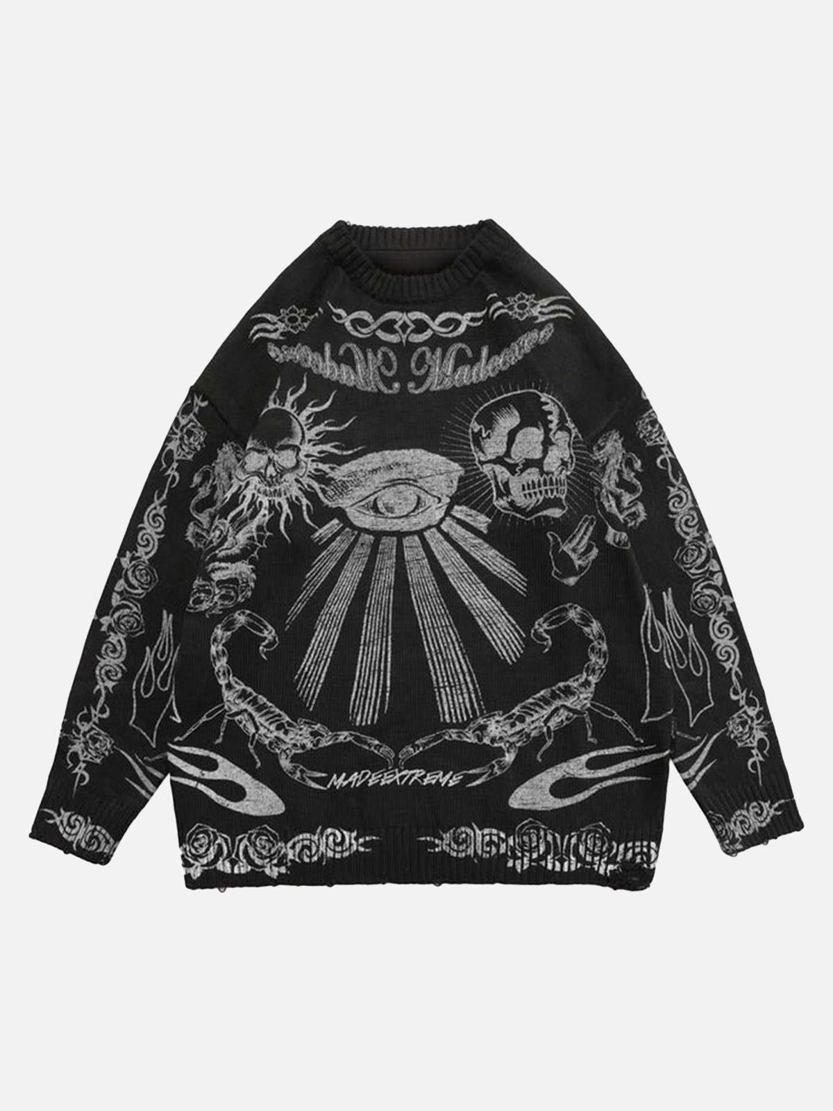 Omygoods Skull Print Distressed Sweater