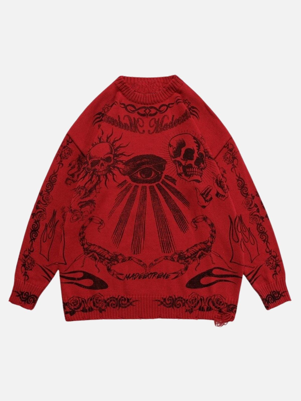 Omygoods Skull Print Distressed Sweater