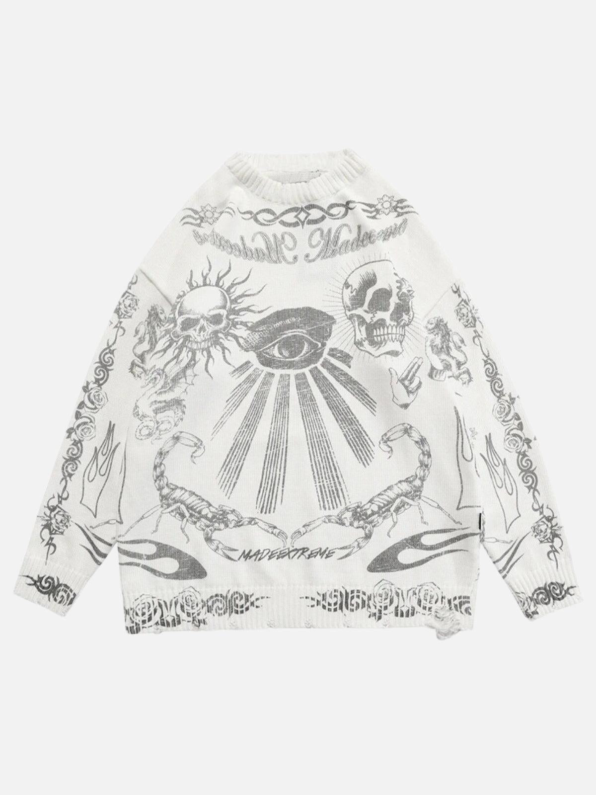 Omygoods Skull Print Distressed Sweater
