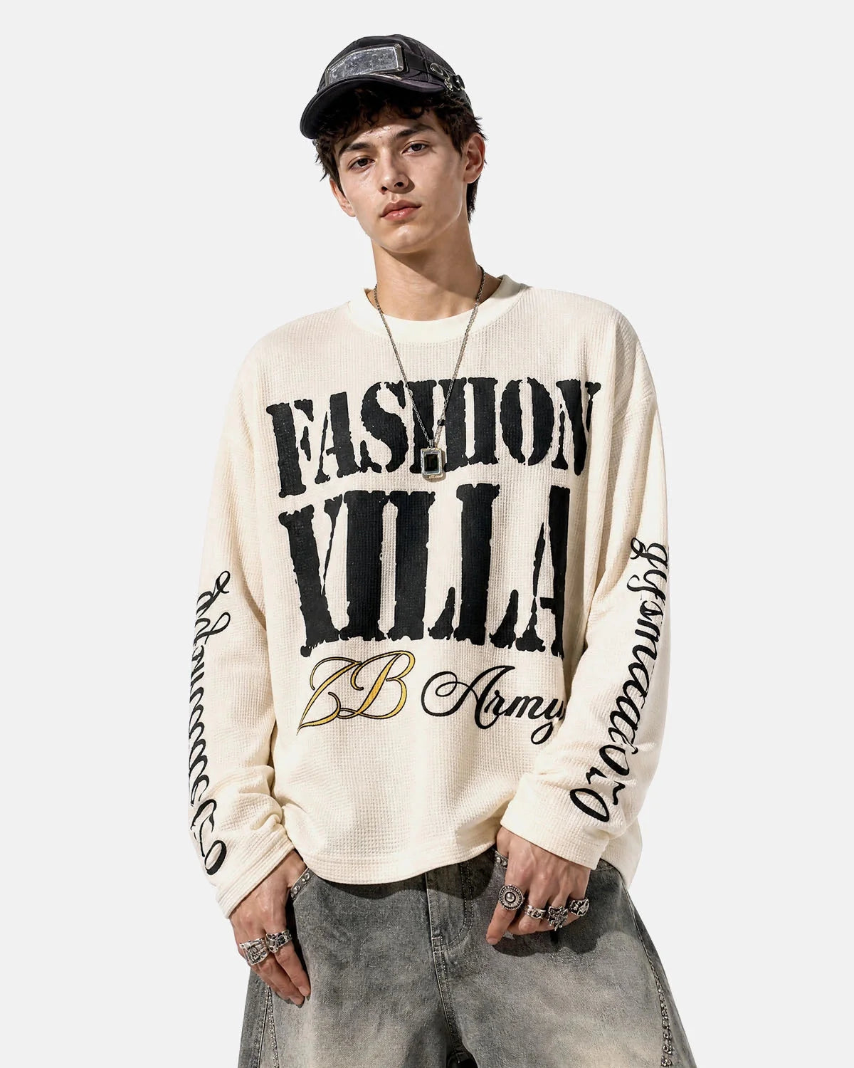Omygoods Slogan Graphic Waffle Long Sleeve T-Shirt